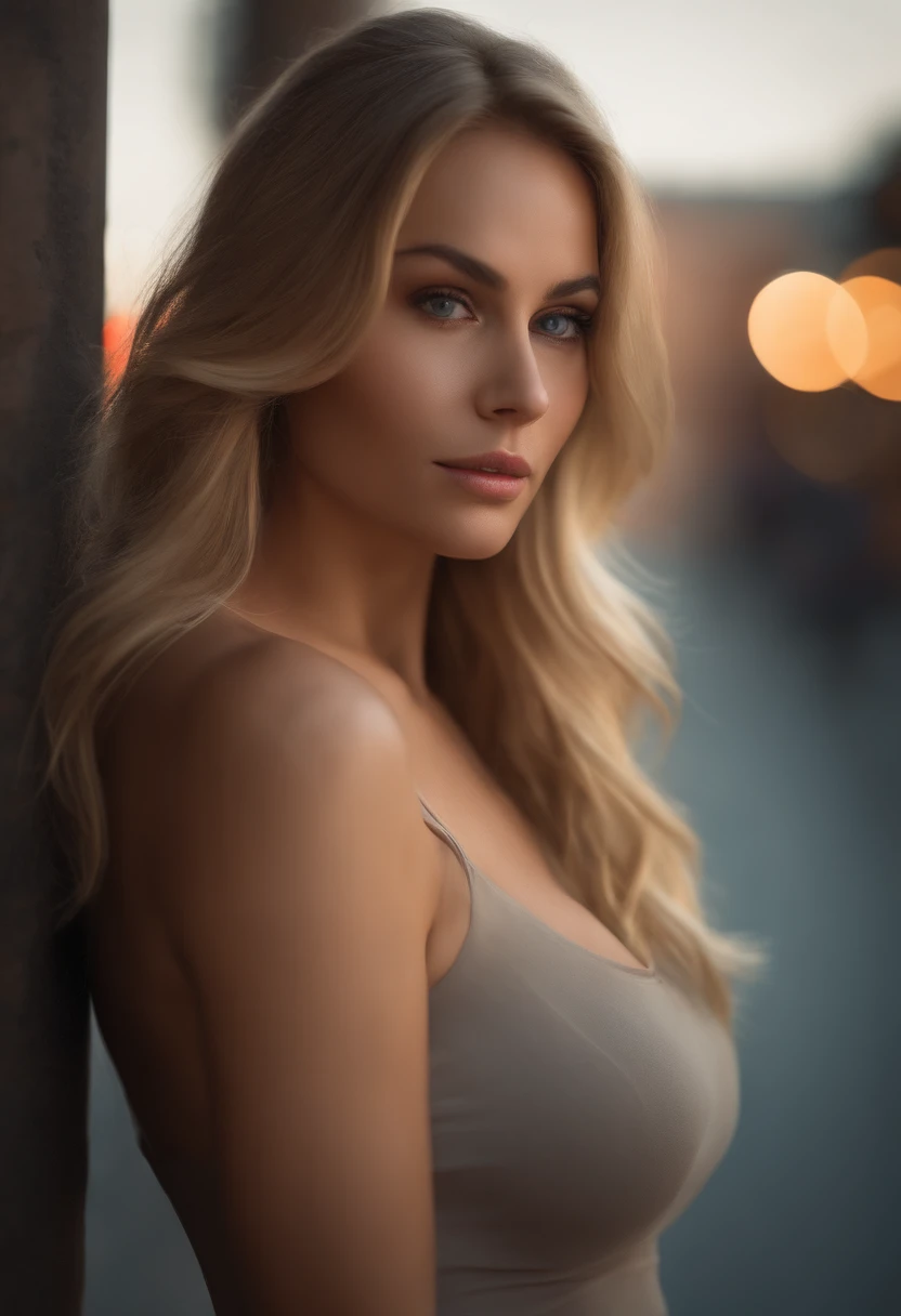 professional, (4k photo:1.1) by (Jeremy Lipking:0.3), (Dittmann Anna:0.3), (Arian Mark:0.3), (Sharp focus:1.3), high detail, wearing (tight shirt:1.2), beautiful detailed face, hazel eyes, long blonde hair, (attractive young woman:1.3), (seductive:1.1), (blushing:1.1), hourglass body shape, medium round breasts, wide hips, in background city