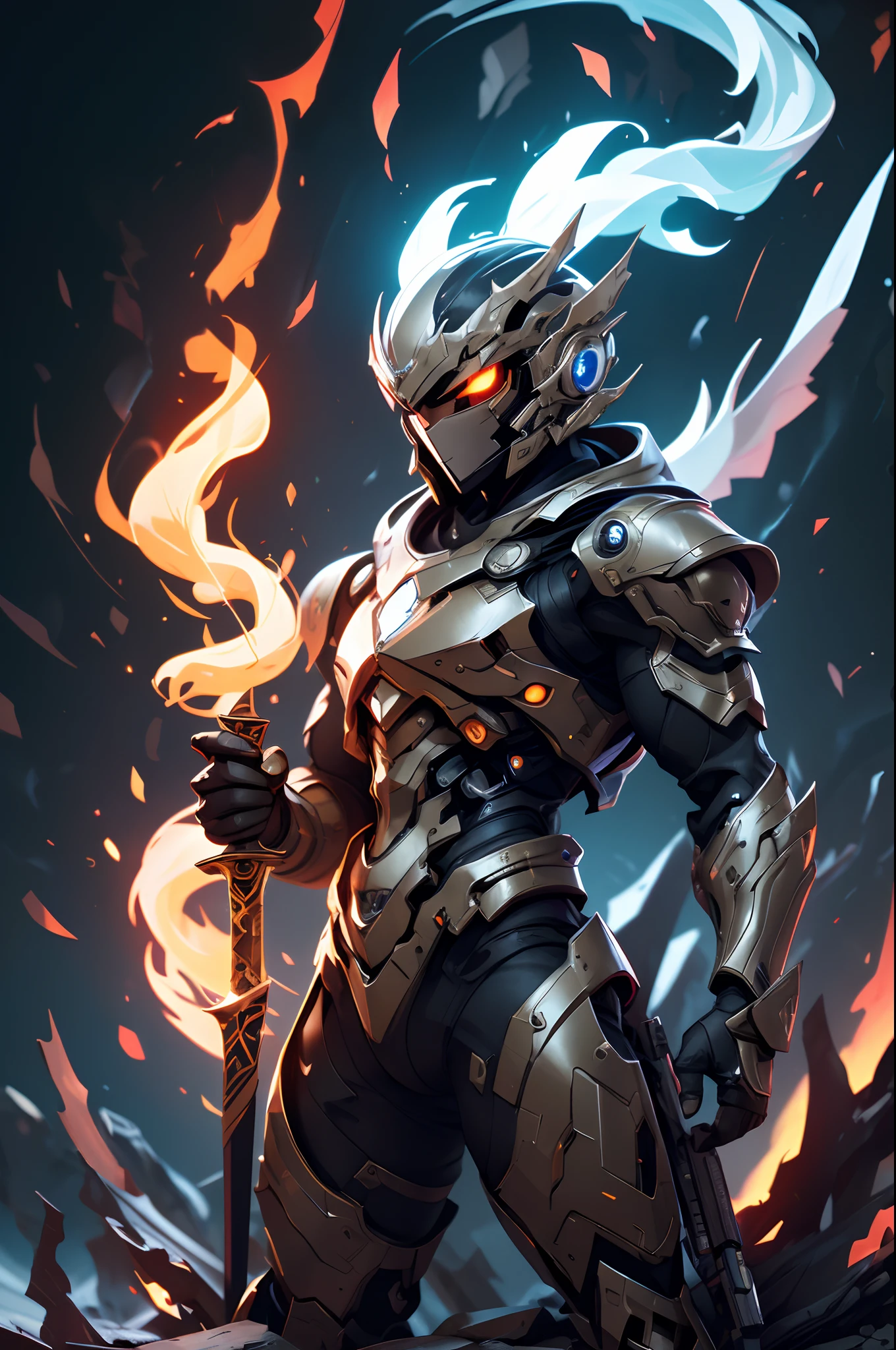 small, [comic climax shot: 1] [cryengine:1.1] [realisticvision:1] ([f2.8 1/200 4000]:1) (128k UHD1.1) CYBER, NINJA, MAGIC, SHOBITS, FIRE, BLOOD, looking at the viewer, girl, beautiful, fully detailed, enhanced, ultra realistic, HD, full HD, realistic reflections, realistic reflections, around the body lightning, thunder, epic pose, (), (real life), (Cyborg armor), total destruction, little fire, futuristic helmet where you can see his face, More realistic details, even more textured details, (deeper highlights, less dense darkness), small debris on the ground, even deeper details, more realistic hair, POSE EPIC CROUCHED DOWN, With a flaming sword in his hands.