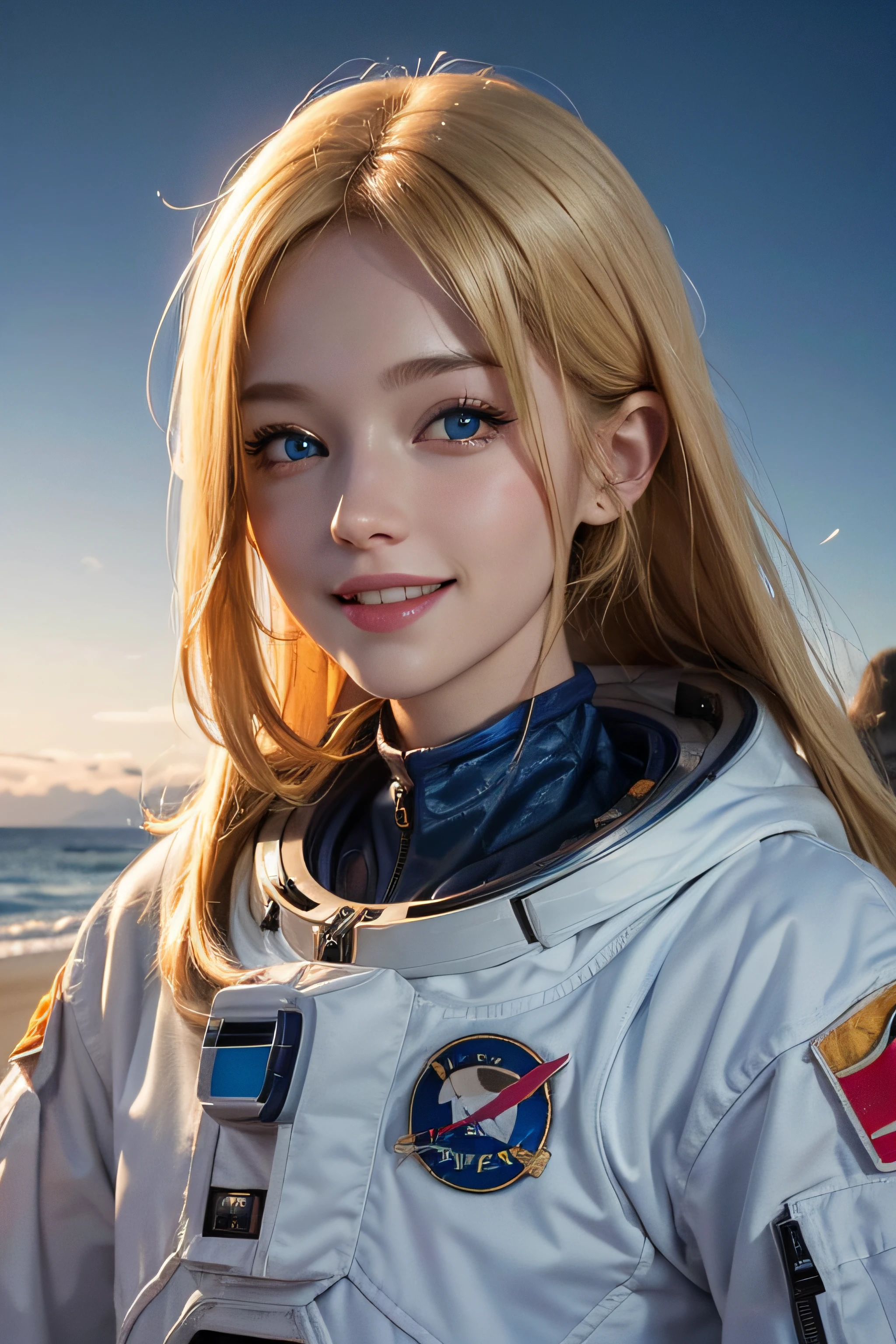(best quality,8k,highres),portrait,blonde hair,blue eyes,perfect smile,astronaut suit,beach,alien