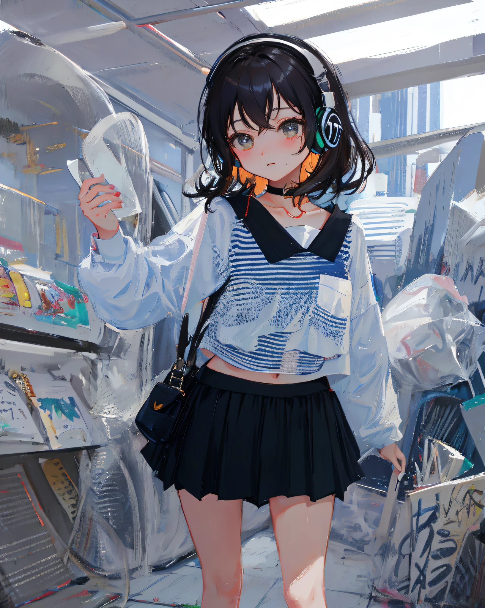 (Realistic painting style:1.0), Masterpiece, Best quality, absurderes, comic ?????, illustration,
1 girl, Medium hair, Cute girl, young and cute girl, Korean girl, {Breasts},
A girl in a skirt and a striped shirt with headphones, On the road, Girl wearing headphones, cute kawaii girls, photo of slim girl model, Wear a collar, wearing a crop top, Wear a striped top, Striped top, Black skirt, Simple clothes, Simple clothing,