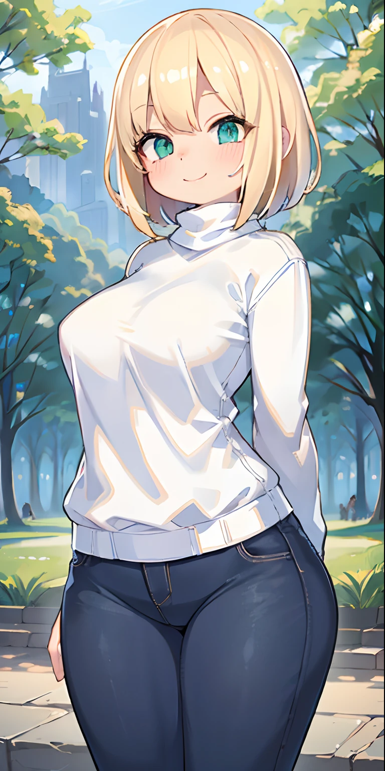 masterpiece, best quality, ultra-detailed, beautiful lighting, woman, tight jeans, blonde hair, (green eyes: 1.3), (white sweater: 1.2), turtleneck, standing, in the park, beautiful scenery, slight blush , smiling, (cute smile: 1.1), (bright lips: 1.1), (beautiful eyes: 1.1), wonderful back, closed mouth, arms behind the back, short hair