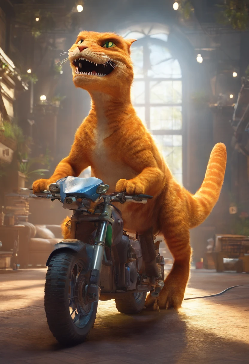 The cat rides on the back of a Tyrannosaurus rex,Offensive posture, both looking at a TV in a movie theater