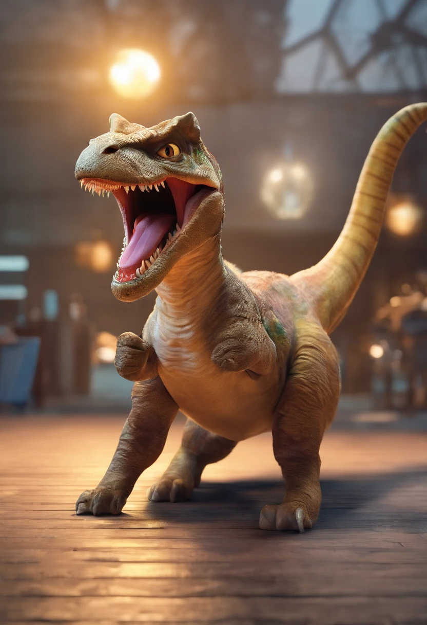 The cat rides on the back of a Tyrannosaurus rex,Offensive posture, both looking at a TV in a movie theater