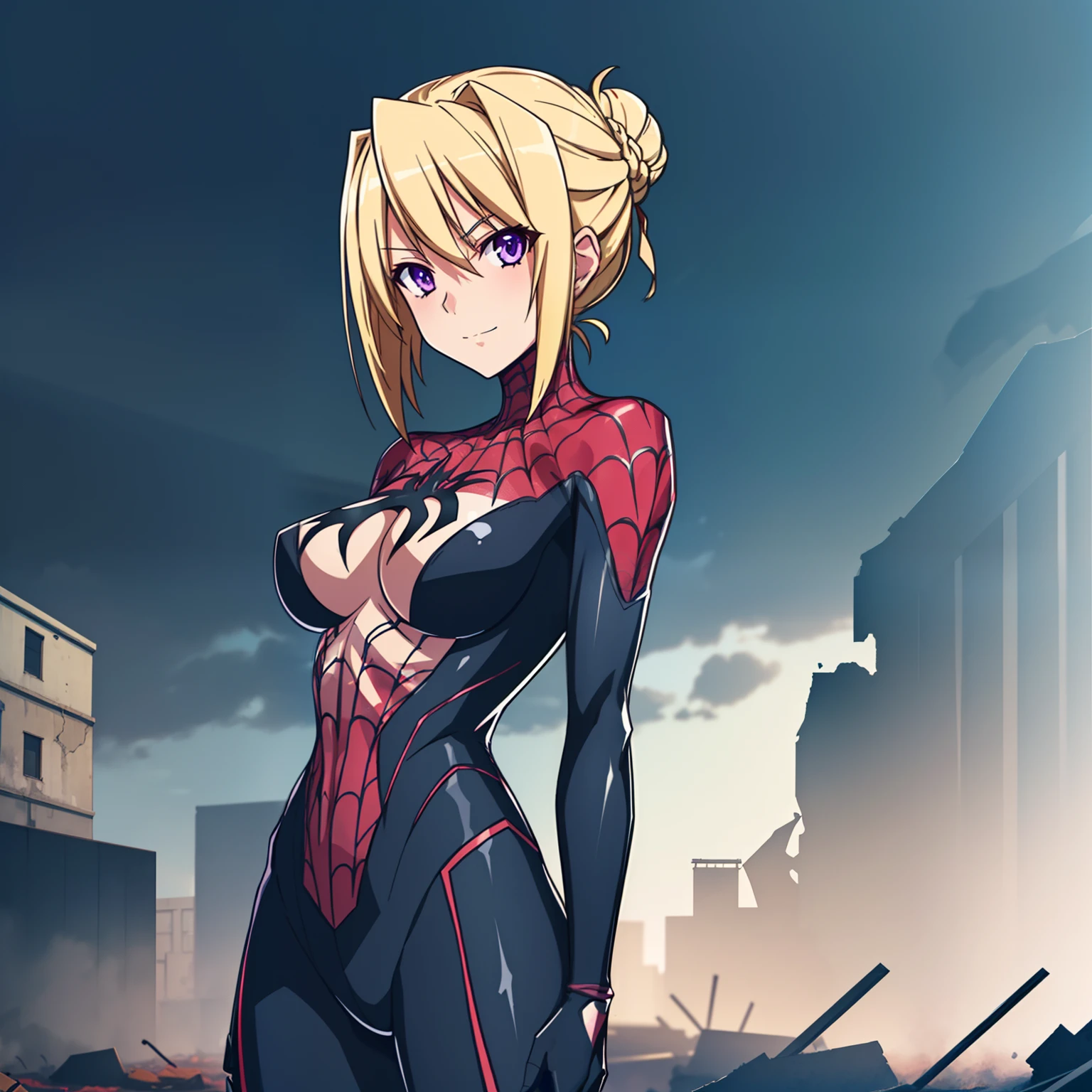 1girl,big breasts,standing in ruined city,(8k),scratches,detailed face,blond hair,purple eyes,short hair,bun,embarassed,small smile face,high_res, high_definition,the battlefield,battle pose,dark suit, (symbiote spider man Custome:1.1),