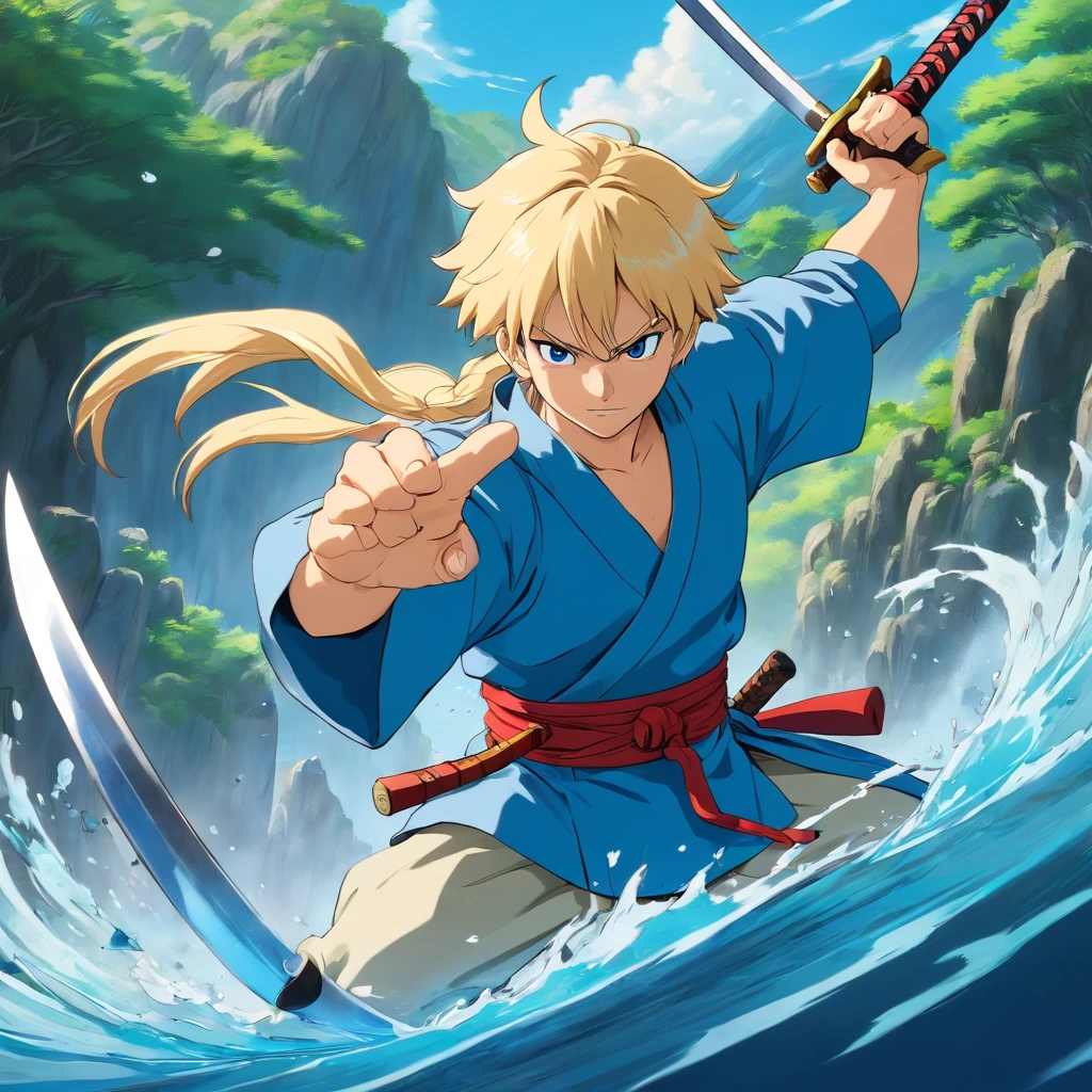 One male, anime, samurai, blonde hair, blonde beard, blue samurai armor, attacking, slashing, katana, water, middle aged, 4k, unbeatable masterpiece, ultra-detailed, realistic, HDR, studio lighting, professional, vivid colors, sharp focus, physically-based rendering, portraits, intense color tones, dramatic lighting