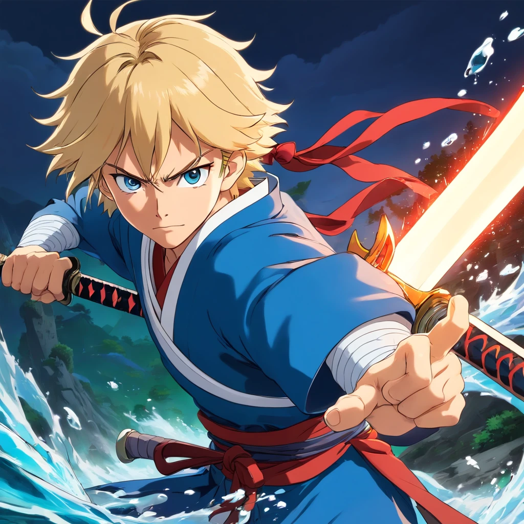 One male, anime, samurai, blonde hair, blonde beard, blue samurai armor, attacking, slashing, katana, water, middle aged, 4k, unbeatable masterpiece, ultra-detailed, realistic, HDR, studio lighting, professional, vivid colors, sharp focus, physically-based rendering, portraits, intense color tones, dramatic lighting