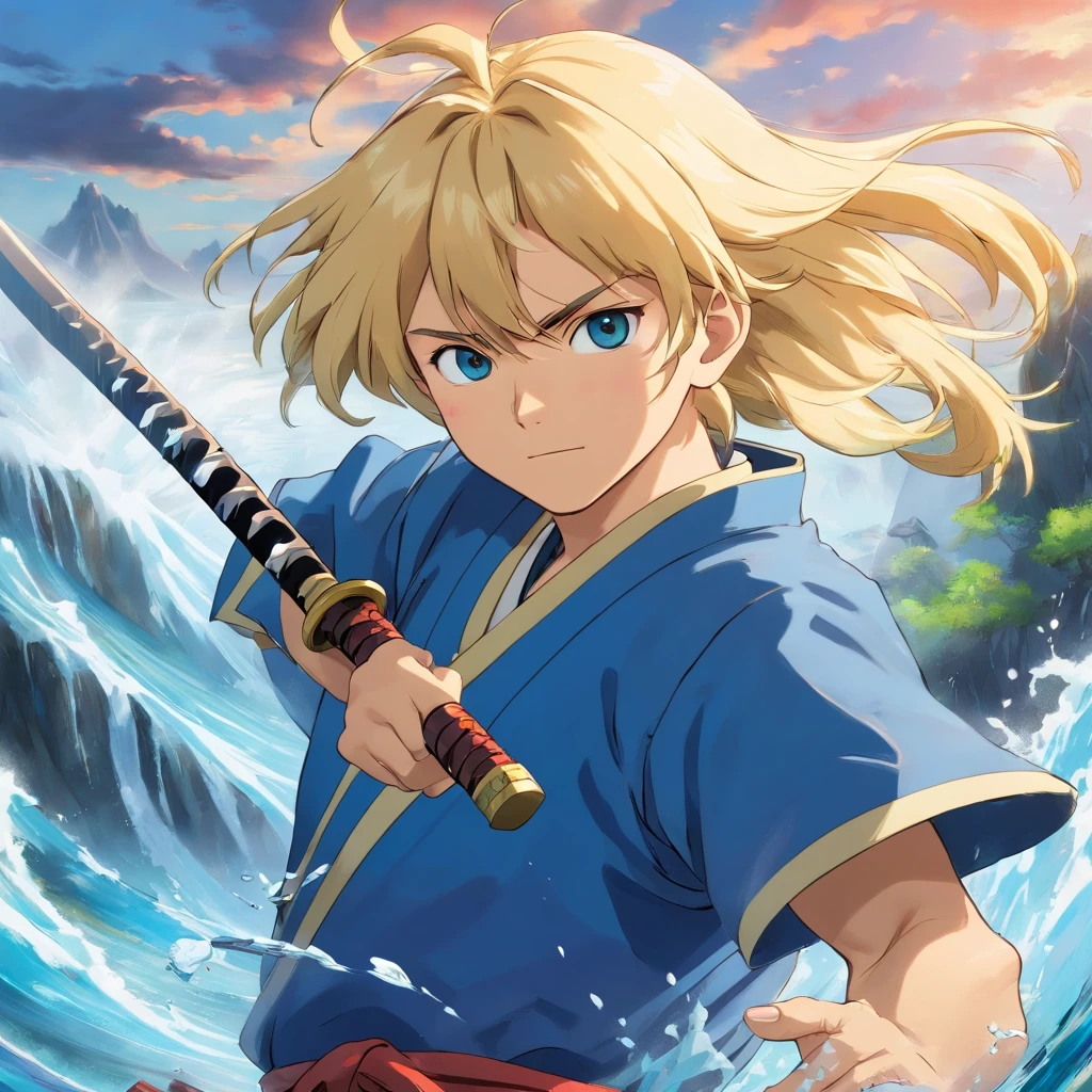 One male, anime, samurai, blonde hair, blonde beard, blue samurai armor, attacking, slashing, katana, water, middle aged, 4k, unbeatable masterpiece, ultra-detailed, realistic, HDR, studio lighting, professional, vivid colors, sharp focus, physically-based rendering, portraits, intense color tones, dramatic lighting