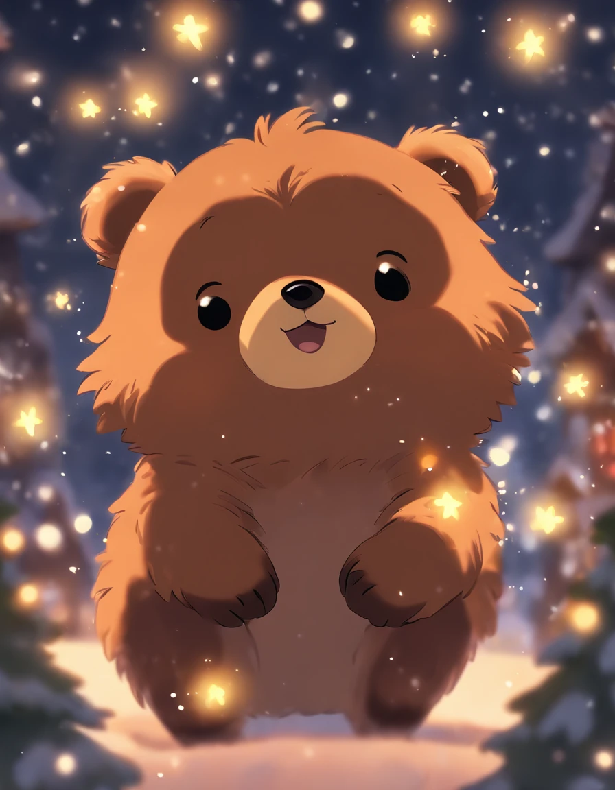 Kids Illustration,Silent Night, Quiet snow piled up Snow falling in the wind,Cute and cute brown baby bear、 Flying fireflies,((OC rendering))