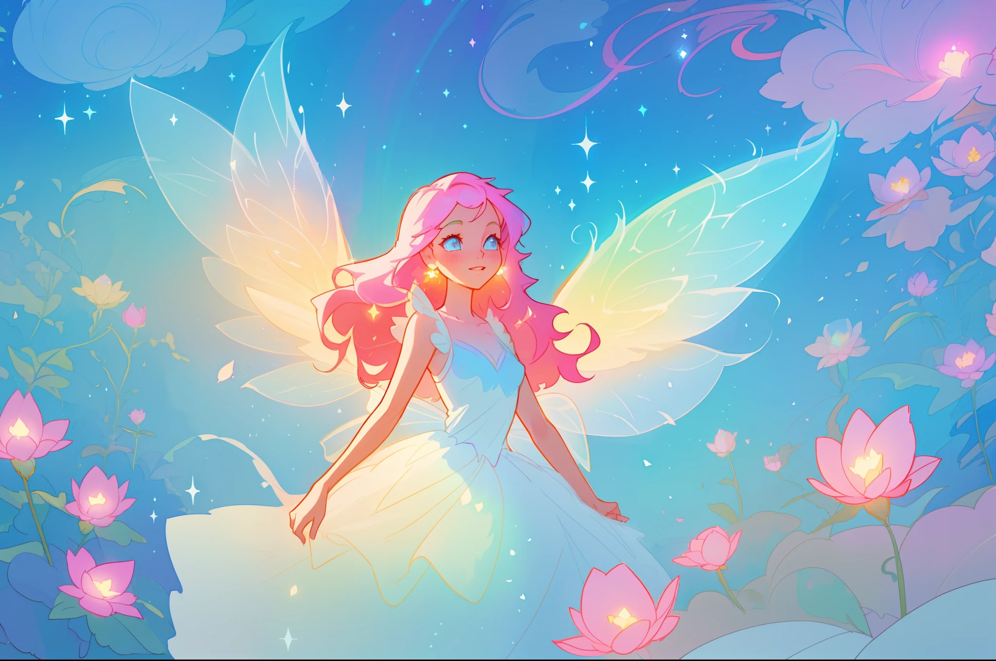 beautiful girl in flowing white layered dress, (glowing fairy wings), fairy ballgown, long wavy hair, sparkling fairy wings, watercolor illustration, magical meadow, magical flowers, bright pastel colors, glowing lights, flowers and colorful plants, inspired by Glen Keane, inspired by Lois van Baarle, disney art style, by Lois van Baarle, glowing aura around her, by Glen Keane, jen bartel, glowing lights! digital painting, flowing glowing hair, glowing flowing hair, beautiful digital illustration, fantasia otherworldly landscape plants flowers, beautiful, masterpiece, best quality, anime disney style