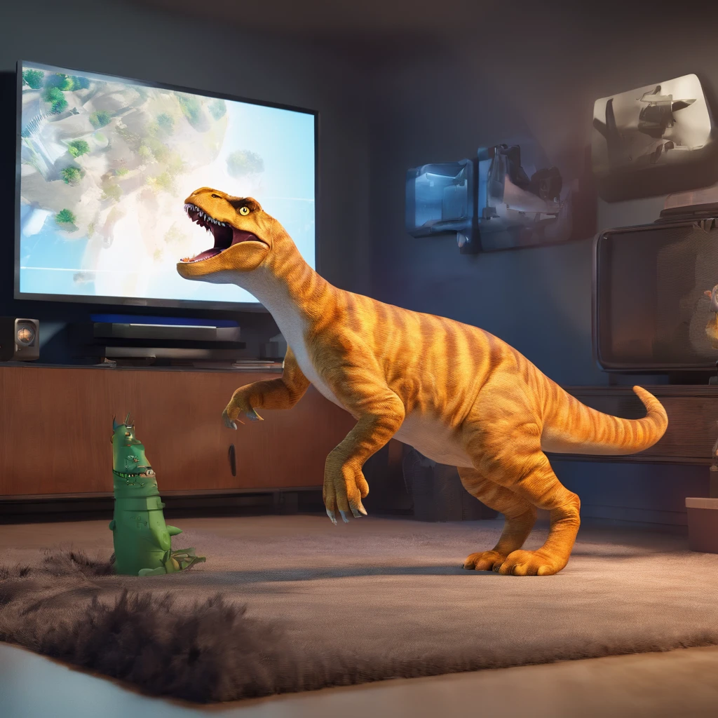 The cat rides on the back of a Tyrannosaurus rex，Offensive posture, both looking at a TV in a movie theater