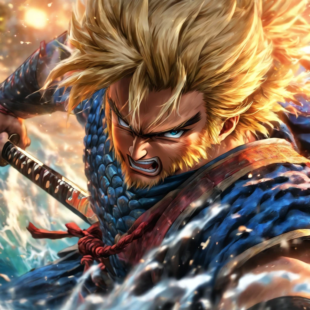 One male, anime, samurai, blonde hair, blonde beard, blue samurai armor, attacking, slashing, katana, water, middle aged, 4k, unbeatable masterpiece, ultra-detailed, realistic, HDR, studio lighting, professional, vivid colors, sharp focus, physically-based rendering, portraits, intense color tones, dramatic lighting
