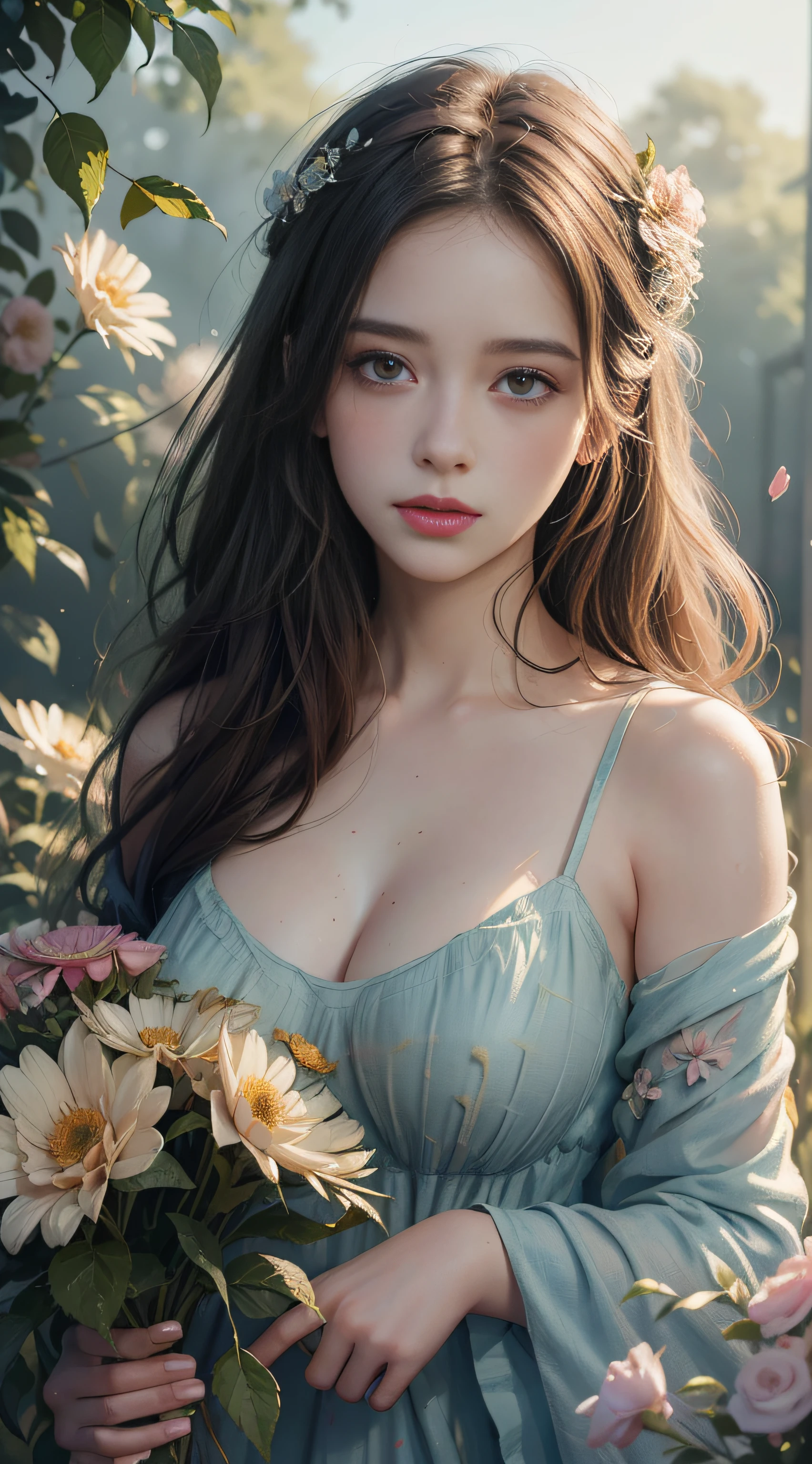 high quality, 8K Ultra HD, high detailed, Watercolor, wash technique, colorful, A painting with dripping and scattered paint, Painting like Agnes Cecile, blurry, pale touch, smudged outline, like a fairy tale, Beautiful woman made with flower colorage, huge breasts, dramatic lighting, expressing women using flowers and plants, cutting and combining petals and leaves, drawing women's hair and dresses using the colors and shapes of flowers, vivid colors and nature, luminism, three dimensional effect, enhanced beauty, Albert Anker, Feeling like John Howe, Greg Rutkowski, Feeling like Kyoto Animation, Artgerm, WLOP, Alphonse Beeple, luminism, Isometric, awesome full color,
