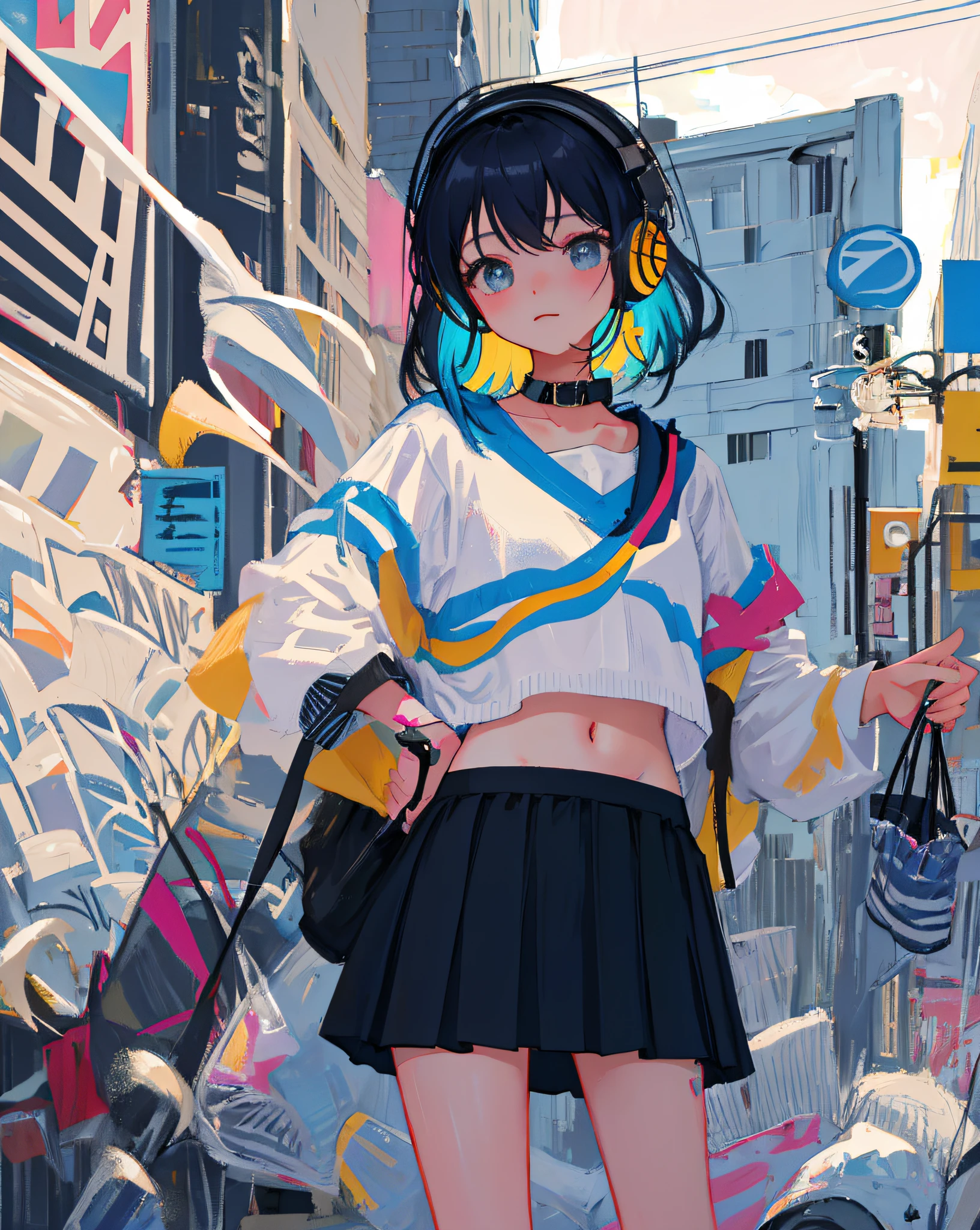 (Realistic painting style:1.0), Masterpiece, Best quality, absurderes, comic strip, illustration,
1 girl, Medium hair, Cute girl, young and cute girl, Korean girl, {Breasts},
A girl in a skirt and a striped shirt with headphones, On the road, Girl wearing headphones, cute kawaii girls, photo of slim girl model, Wear a collar, wearing a crop top, Wear a striped top, Striped top, Black skirt, Simple clothes, Simple clothing,
