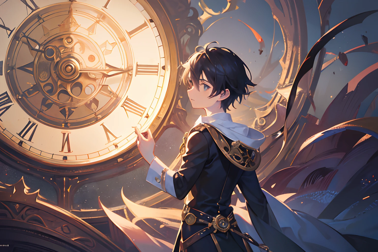 Create exquisite illustrations reminiscent of Makoto Shinkai's style, It has ultra-fine details and top-notch quality. Create an illustration of a fantastical space with a large, enchanting clock. In this magical environment, a young boy looks up in awe at the magnificent clock that dominates the space. The atmosphere is filled with a sense of wonder and enchantment, as if the very essence of fantasy has come to life. The intricate details of the clockwork, the soft glow of its illumination, and the curiosity in the boy's eyes all contribute to the surreal beauty of the scene.