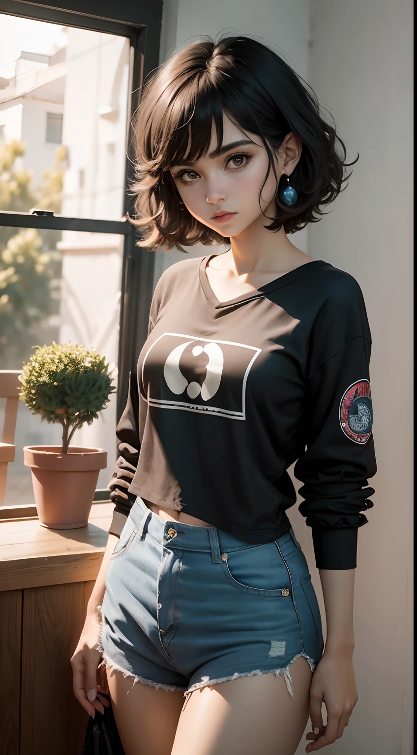 Enjinight, 1girl, Androide 18, solamente, cabello rubio, pantys, falda vaquera, falda, denim, ojos azules, beltt, camiseta sin mangas negra, realista, Pendientes, jewely, Chaqueta vaquera, Manos apretadas, pelo corto, rayado, Mangas a rayas, pantimedias negras, camisa, senos, Camisa a rayas, chaqueta, Oeste (8k, Foto RAW, La mejor calidad, Obra maestra:1.2),Ultra detallado, (Piel alta y detallada:1.2), 8k UHD, DSLR, Soft lighting, alta calidad,