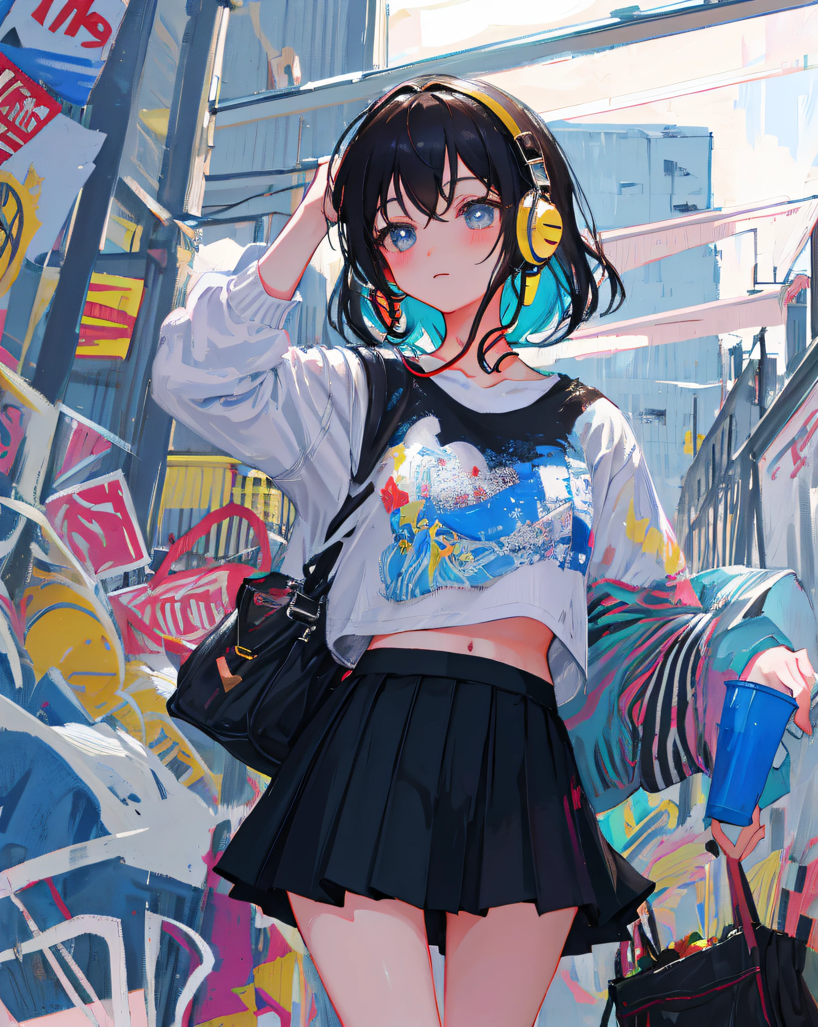 (Realistic painting style:1.0), Masterpiece, Best quality, absurderes, comic strip, illustration,
1 girl, Medium hair, Cute girl, young and cute girl, Korean girl, {Breasts}, 
A girl in a skirt and a striped shirt with headphones, On the road, Girl wearing headphones, cute kawaii girls, photo of slim girl model, Wear a collar, wearing a crop top, Wear a striped top, Striped top, Black skirt, Simple clothes, Simple clothing,