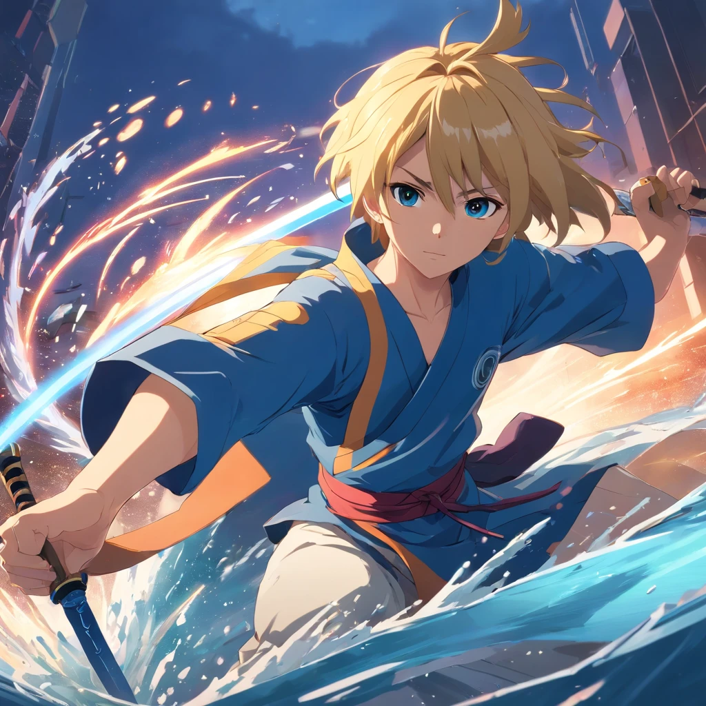One male, anime, samurai, blonde hair, blonde beard, blue samurai armor, attacking, slashing, katana, water, middle aged, 4k, unbeatable masterpiece, ultra-detailed, realistic, HDR, studio lighting, professional, vivid colors, sharp focus, physically-based rendering, portraits, intense color tones, dramatic lighting