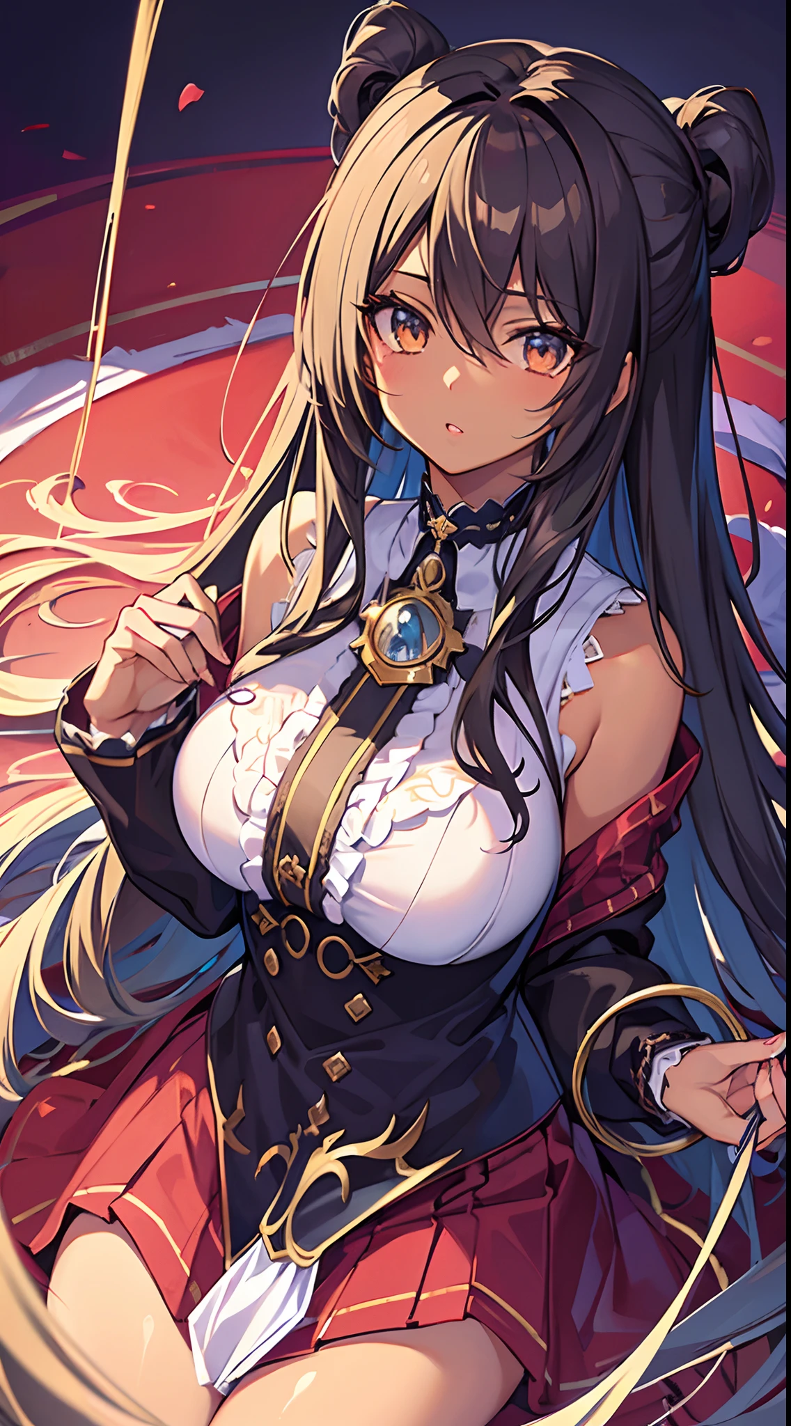 ((Girl holding a smartphone)), (Very large breasts), (Surreal), (figure), (High resolution), (8K), (Very detailed), (Highest quality), (Super detailed), (masterpiece), (Detailed face), alone, 1 Girl, Smiling, Odd Eye, Right eye is red, Left eye yellow, The whole body is shown