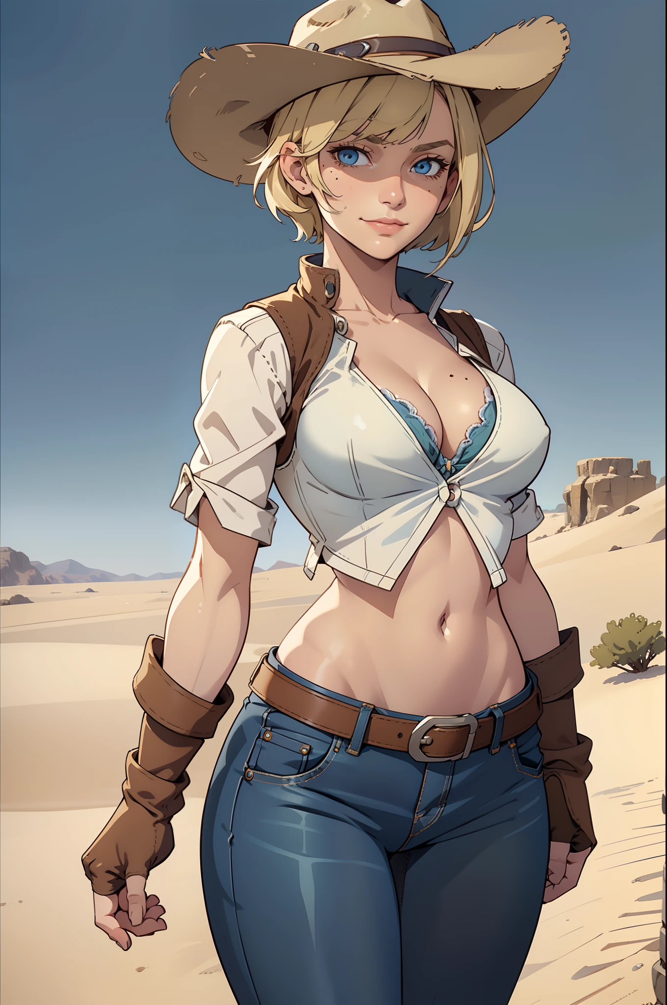 1girl, cowboy hat, white bra, green vest, no sleeves, navel, blue jeans, brown boots, fingerless gloves, short gloves, slight smile, short hair, blonde hair, parted bangs, blue eyes, mole under right eye, wild West background, sunny desert background, belt, best quality, masterpiece