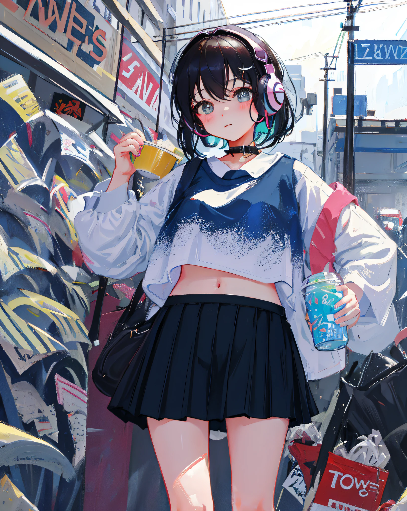 (Realistic painting style:1.0), Masterpiece, Best quality, absurderes, comic strip, illustration,
1 girl, Medium hair, Cute girl, young and cute girl, Korean girl, {Breasts},
A girl in a skirt and a striped shirt with headphones, On the road, Girl wearing headphones, cute kawaii girls, photo of slim girl model, Wear a collar, wearing a crop top, Wear a striped top, Striped top, Black skirt, Simple clothes, Simple clothing,