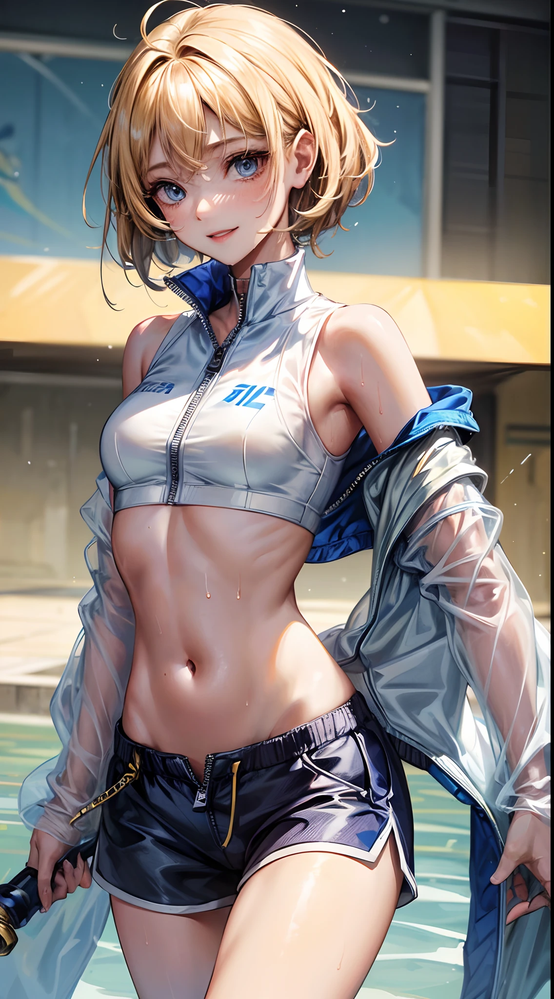 femele,1Child 0 years old,Golden head hair,sports wear,White Sports Bra,Blue shorts,Shorthair,Blue eyes,through,Mansuji, are see-through,small tits,The crotch is wet,A smile,Shorts zipper opens、Pants are visible,Wet with sweat all over the body,