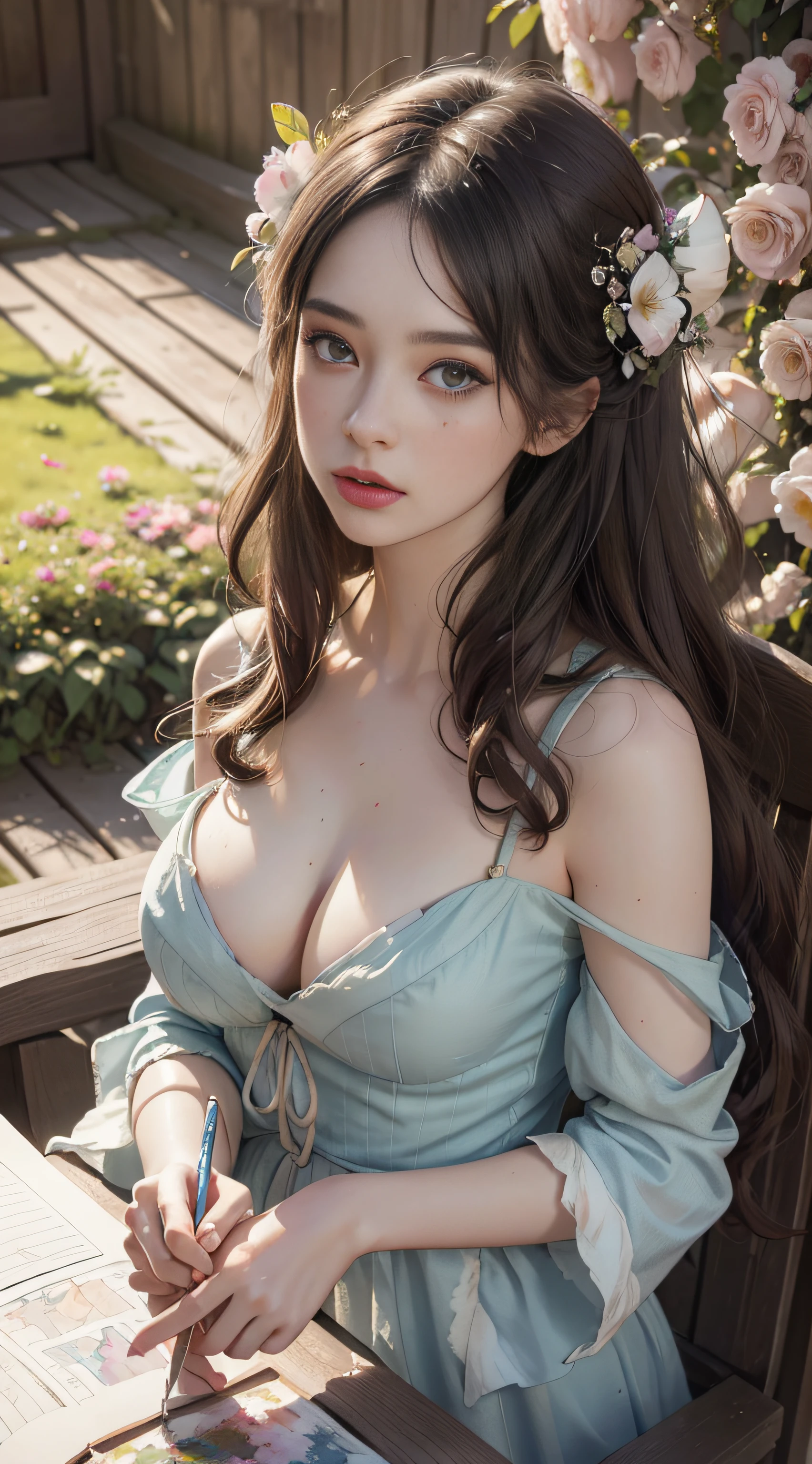 high quality, 8K Ultra HD, high detailed, Watercolor, wash technique, colorful, A painting with dripping and scattered paint, Painting like Agnes Cecile, blurry, pale touch, smudged outline, like a fairy tale, Beautiful woman made with flower colorage, huge breasts, dramatic lighting, expressing women using flowers and plants, cutting and combining petals and leaves, drawing women's hair and dresses using the colors and shapes of flowers, vivid colors and nature, luminism, three dimensional effect, enhanced beauty, Albert Anker, Feeling like John Howe, Greg Rutkowski, Feeling like Kyoto Animation, Artgerm, WLOP, Alphonse Beeple, luminism, Isometric, awesome full color,