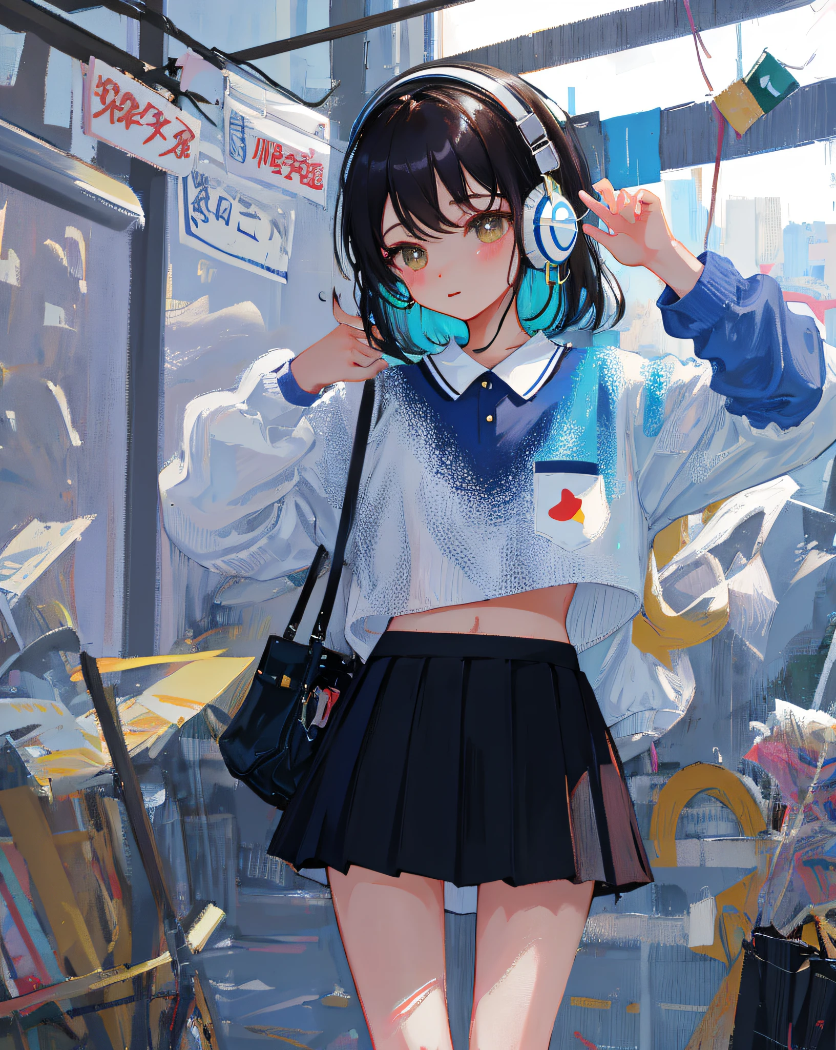 (Realistic painting style:1.0), Masterpiece, Best quality, absurderes, comic strip, illustration,
1 girl, Medium hair, Cute girl, young and cute girl, Korean girl, {Breasts}, 
A girl in a skirt and a striped shirt with headphones, On the road, Girl wearing headphones, cute kawaii girls, photo of slim girl model, Wear a collar, wearing a crop top, Wear a striped top, Striped top, Black skirt, Simple clothes, Simple clothing,