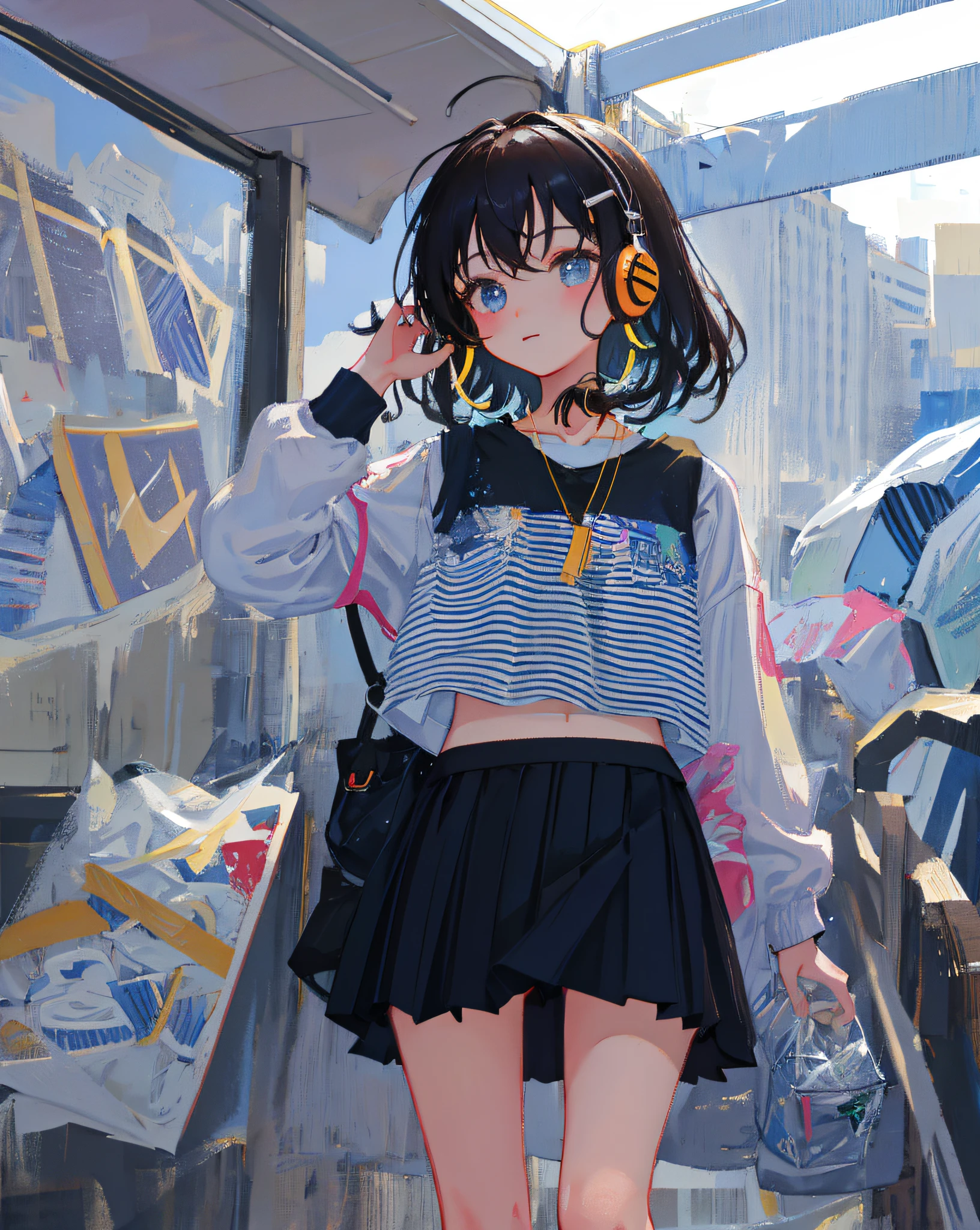(Realistic painting style:1.0), Masterpiece, Best quality, absurderes, comic strip, illustration,
1 girl, Medium hair, Cute girl, young and cute girl, Korean girl, {Breasts},
A girl in a skirt and a striped shirt with headphones, On the road, Girl wearing headphones, cute kawaii girls, photo of slim girl model, Wear a collar, wearing a crop top, Wear a striped top, Striped top, Black skirt, Simple clothes, Simple clothing,