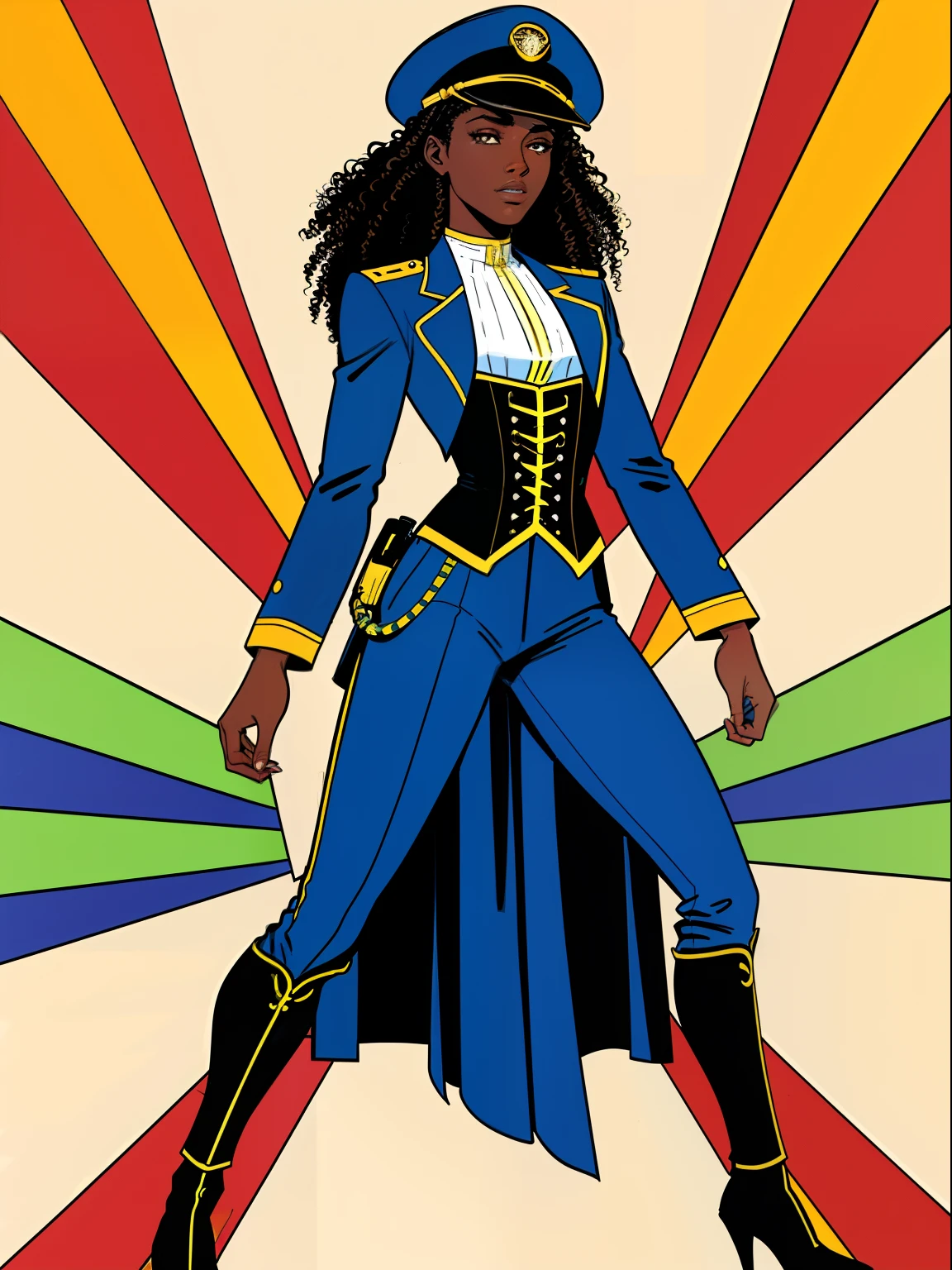 (comic style:1.3), (comic poster) (line art:1.5), (full body),(masterpiece, award winning, best quality:1.3), (flat color:1.3),(colorful:1.3), 1 girl ((solo)), Haitian, glowing eyes, dynamic stance, long curly black hair, dark skin, wearing an open blue captains jacket, blue captains hat, blue pants, corset, cinematic, masterpiece, detailed background, detailed material textures, serious, realistic 1.35, muscular 1.2