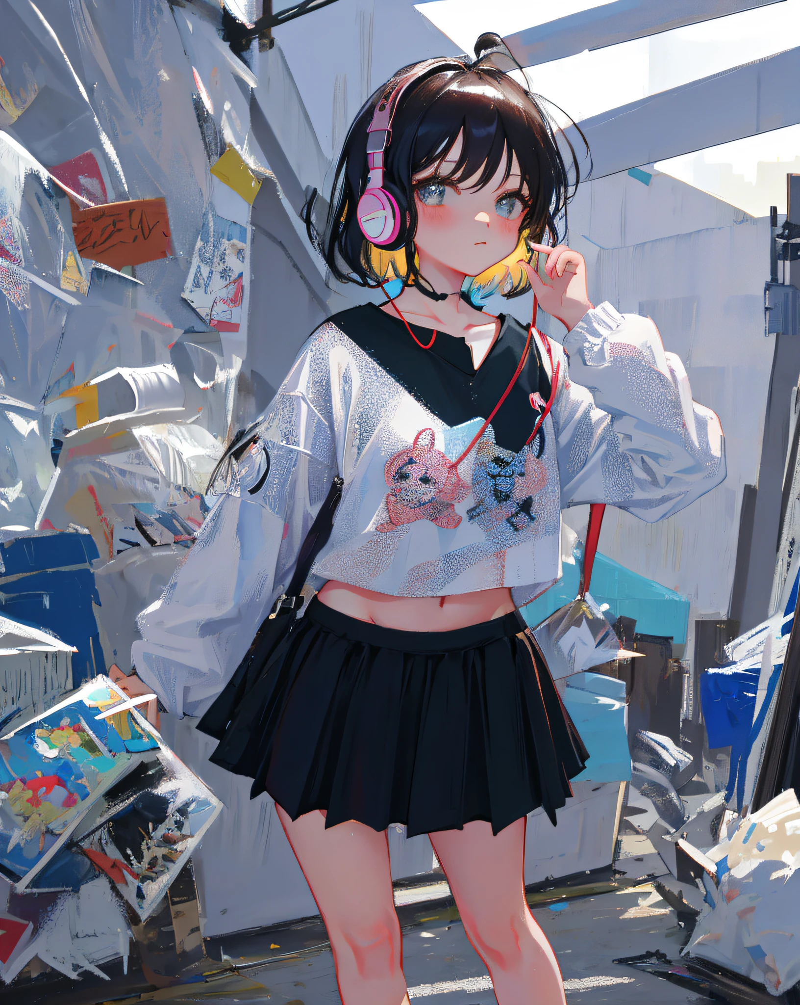 (Realistic painting style:1.0), Masterpiece, Best quality, absurderes, comic strip, illustration,
1 girl, Medium hair, Cute girl, young and cute girl, Korean girl, {Breasts},
A girl in a skirt and a striped shirt with headphones, On the road, Girl wearing headphones, cute kawaii girls, photo of slim girl model, Wear a collar, wearing a crop top, Wear a striped top, Striped top, Black skirt, Simple clothes, Simple clothing,