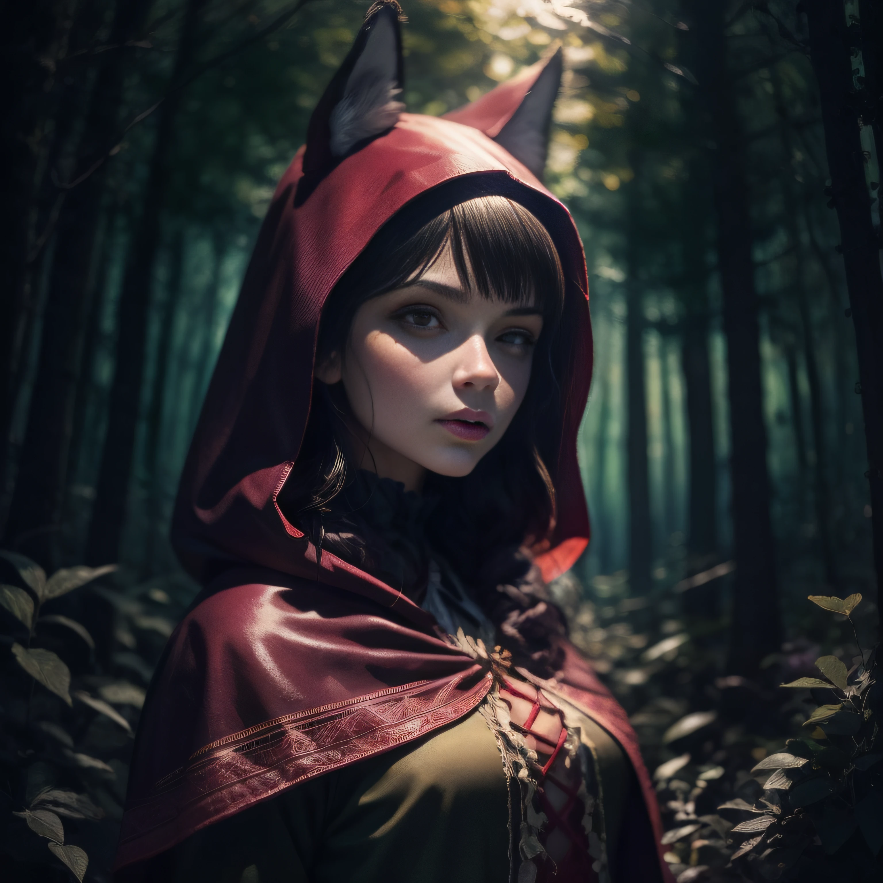 "(((masterpiece))), person as Littele Red Riding Hood, wolf ears, forest, eerie atmosphere, dark shadows, dramatic lighting"