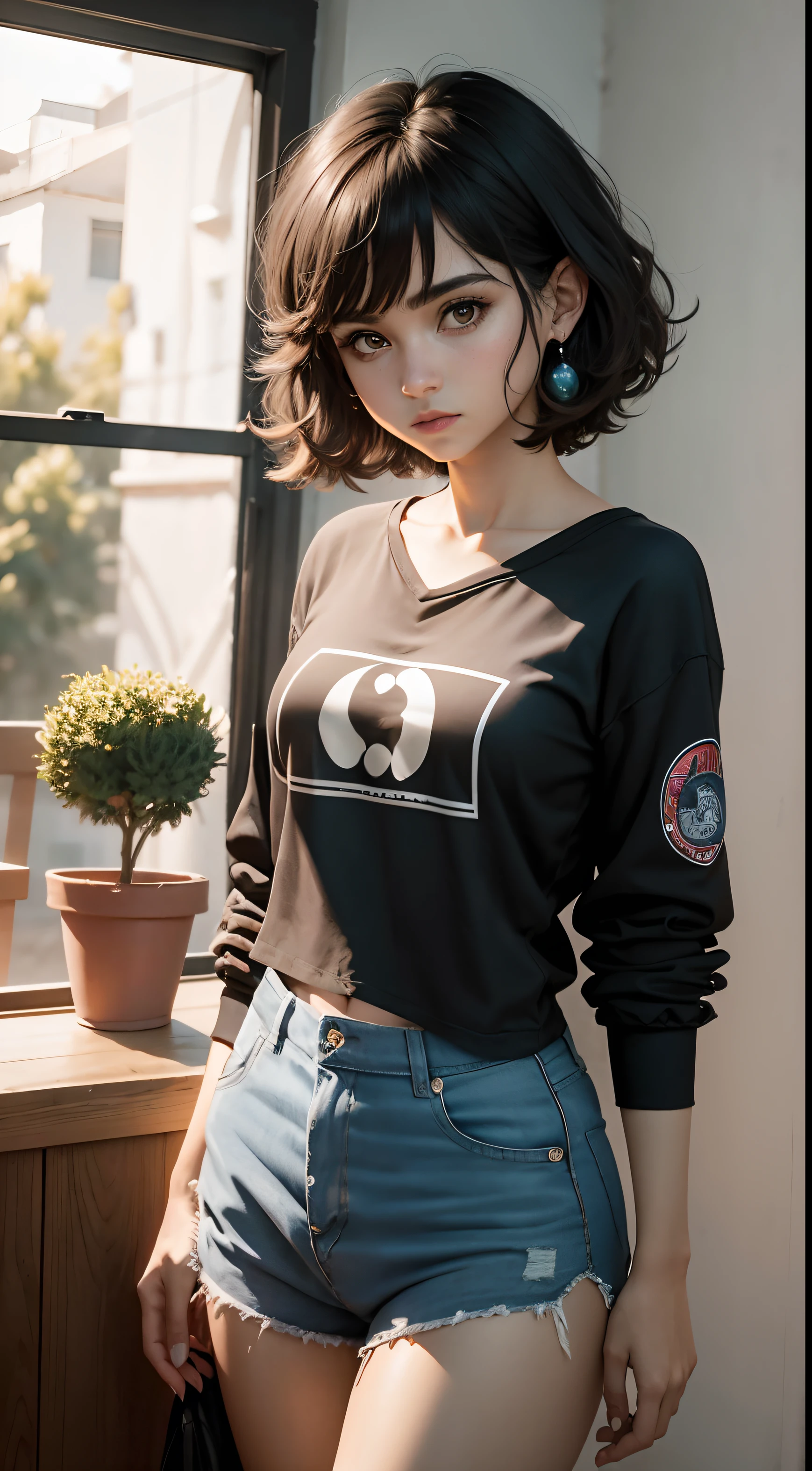 Enjinight, 1girl, Androide 18, solamente, cabello rubio, pantys, falda vaquera, falda, denim, ojos azules, beltt, camiseta sin mangas negra, realista, Pendientes, jewely, Chaqueta vaquera, Manos apretadas, pelo corto, rayado, Mangas a rayas, pantimedias negras, camisa, senos, Camisa a rayas, chaqueta, Oeste (8k, Foto RAW, La mejor calidad, Obra maestra:1.2),Ultra detallado, (Piel alta y detallada:1.2), 8k UHD, DSLR, Soft lighting, alta calidad,