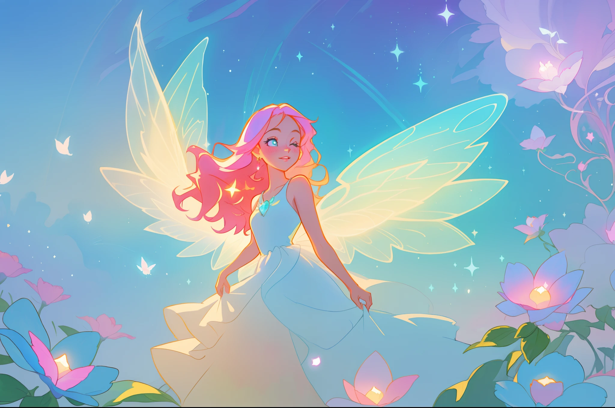 beautiful girl in flowing white layered dress, (glowing fairy wings), fairy ballgown, long wavy hair, sparkling fairy wings, watercolor illustration, magical meadow, magical flowers, bright pastel colors, glowing lights, flowers and colorful plants, inspired by Glen Keane, inspired by Lois van Baarle, disney art style, by Lois van Baarle, glowing aura around her, by Glen Keane, jen bartel, glowing lights! digital painting, flowing glowing hair, glowing flowing hair, beautiful digital illustration, fantasia otherworldly landscape plants flowers, beautiful, masterpiece, best quality, anime disney style