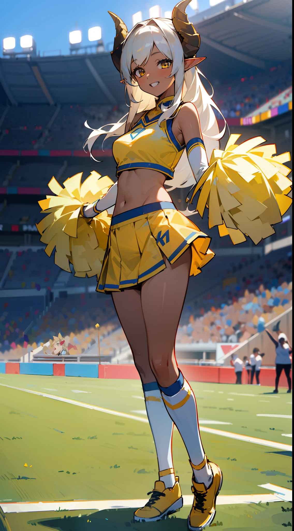 (Original Character,8k, Masterpiece, Best Quality,Detailed, solo),****ung girl,(brown skin), medium breasts,long hair,yellow eyes,white hair,horns,elf ears,(Cheerleader blue outfit, holding yellow pompoms, standing in a football stadium),happy,teeth,