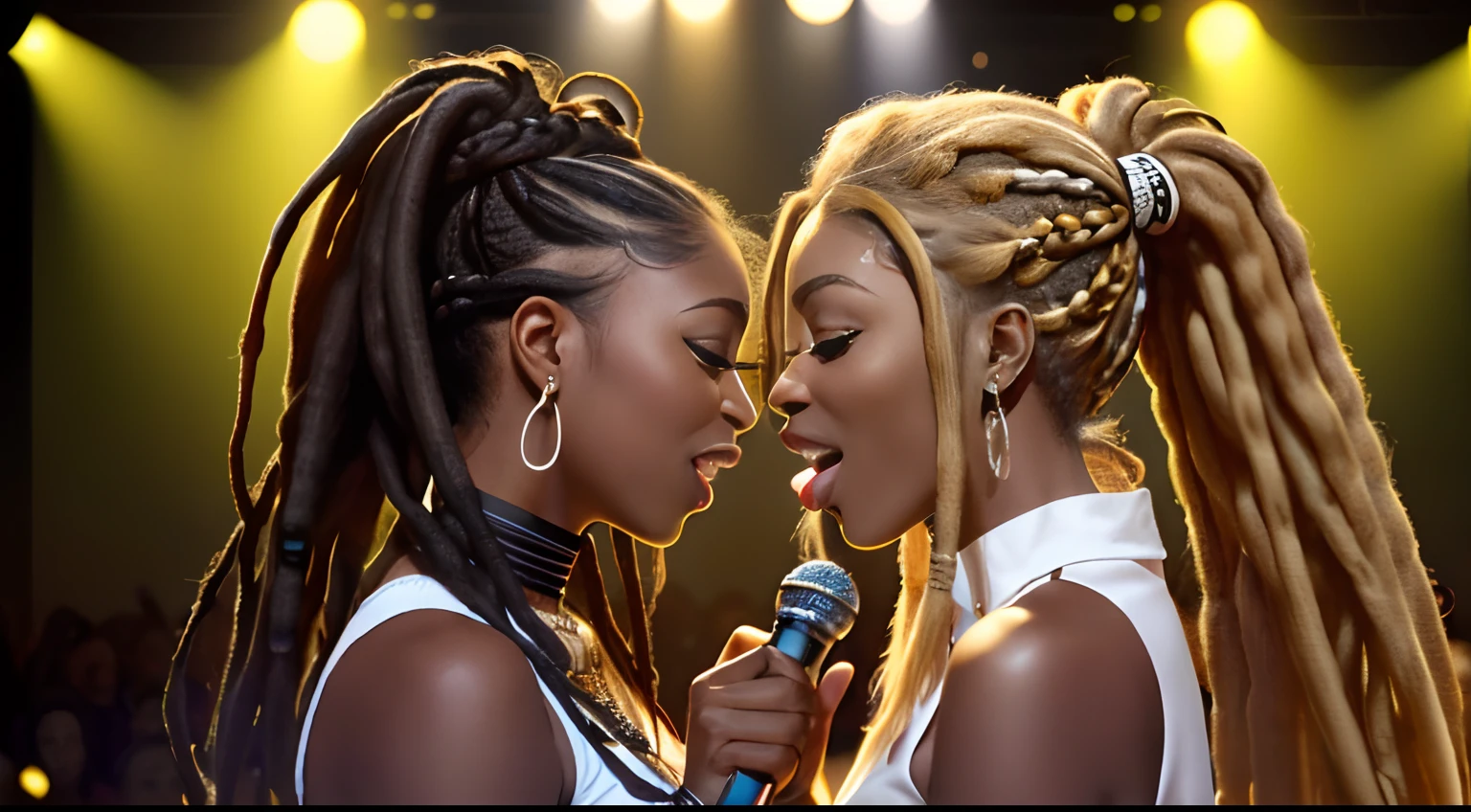 (Masterpiece:1.2), (Best Quality:1.2), perfect  eyes, Woman in her 40s, perfect faces, Dark stage lighting, photo shoot, (Light blonde), (Light blonde), (Light blonde), long  hair, ponytail hair, long  hair, ponytail hair, long  hair, ponytail hair, 1Girl dark skin, Gorgeous tribal dresses,  thick eyelashes, makeups, eyeshadows, (Dreadlocks ), (Dreadlocks ), (Dreadlocks ), (microphone), (Singing on the club stage), (microphone), (Singing on the club stage), (microphone), (Singing on the club stage), (Hip Hop), (Hip Hop), (Hip Hop), (Two black and white women with microphones look at each other and sing), (Two black and white women with microphones look at each other and sing), (Two black and white women with microphones look at each other and sing), (Two black and white women with microphones look at each other and sing), (Two black and white women with microphones look at each other and sing), (Two black and white women with microphones look at each other and sing)