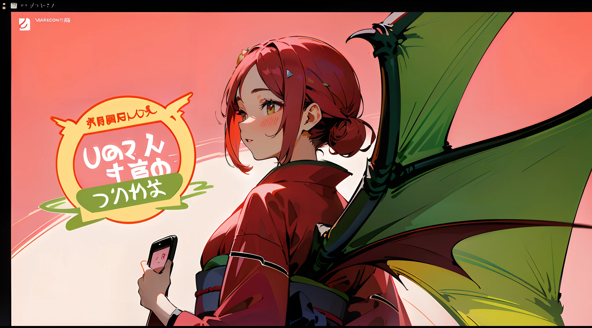 ((18-year-old woman in cherry colored kimono、Woman with dragon cub smiling on screen on back,Dragon wings growing on the back,))Pink Kurdish hair, All green background,