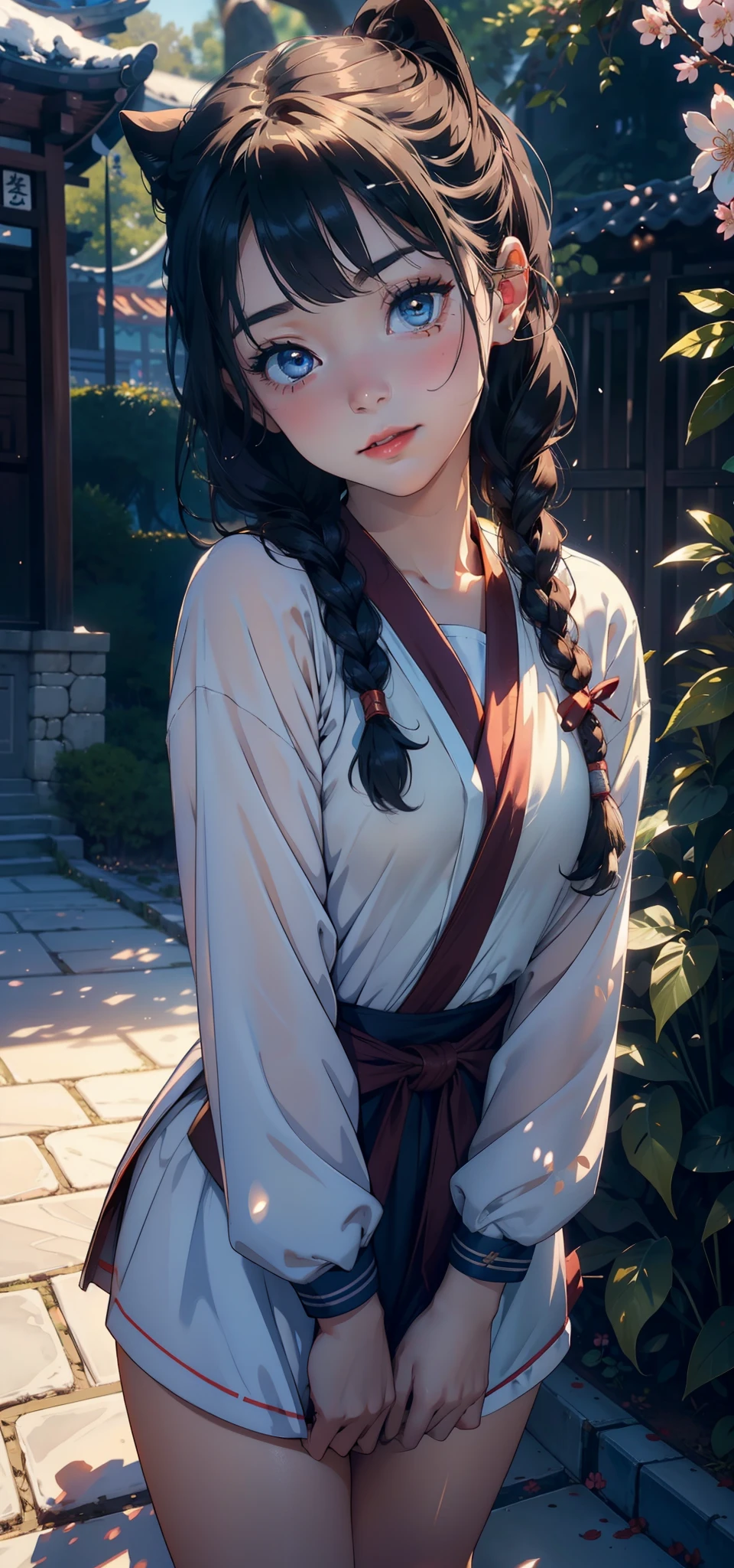 1female，age 5，bit girl，Small ， 独奏，（Background with：Cherry blossom forest，ln the forest，Ground area water） She has short wood-colored hair，Twist braids，seen from the front， hair straight，，（（（tmasterpiece），（Very detailed CG unity 8K wallpaper），best qualtiy，cinmatic lighting，detailed back ground，beatiful detailed eyes，Bright pupils，Blue eyes，Snow-whiteskin，Redlip（Very fine and beautiful），（Beautiful and detailed eye description），ultra - detailed，tmasterpiece，））facing at camera，A high resolution，ultra - detailed），revealing breasts，Bare genitalia，  Bulge，Sit on your knees，legs are open，Bare genitalia，with no underpants，Raised sexy，Camel toes，Flushed complexion，Desire for dissatisfaction，frontage，elementary student，a sailor suit，Sailor's cap，Bare genitalia，Bare