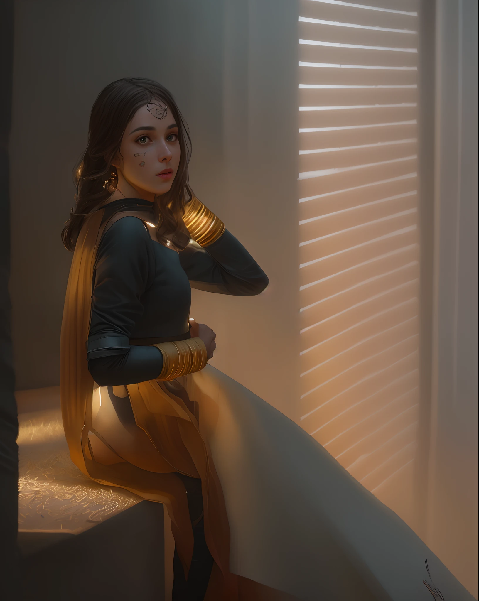 Highly detailed RAW color Photo, beautiful brunette, baggy clothes, long curly hair, dynamic pose, (wide hips), (detailed skin), (detailed lips), (detailed eyes), (room:1.4), (colorful room setting) (detailed face), blonde, detailed eyes, chromatic aberration, depth of field, soft lighting, masterpiece, psychadelic, best quality, intricate, (bloom:0.7), (from above:0.5), particle effects, raytracing, tone mapped, highly detailed, concept art, smooth, sharp focus, dramatic lighting, highly detailed artwork, cinematic, hyper realistic painting, trending on Artstation, 8K, incredible shadows, realistic, (highly detailed background:1.2), art by midjourney
