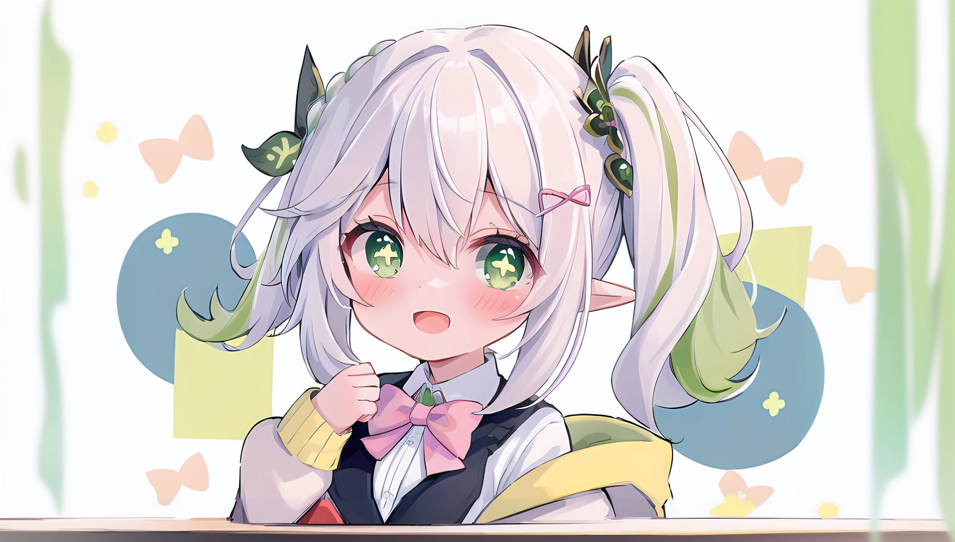 (best quality,8k,masterpiece:1.2),anime girl with white hair and green eyes,wearing a bow tie, elf girl, elf girl in a floral dress, pastel colors, kawaii realistic portrait, water splashing art anime , cute anime art style, cute anime girl with a vibrant aesthetic, adorable character, cute anime girl portrait