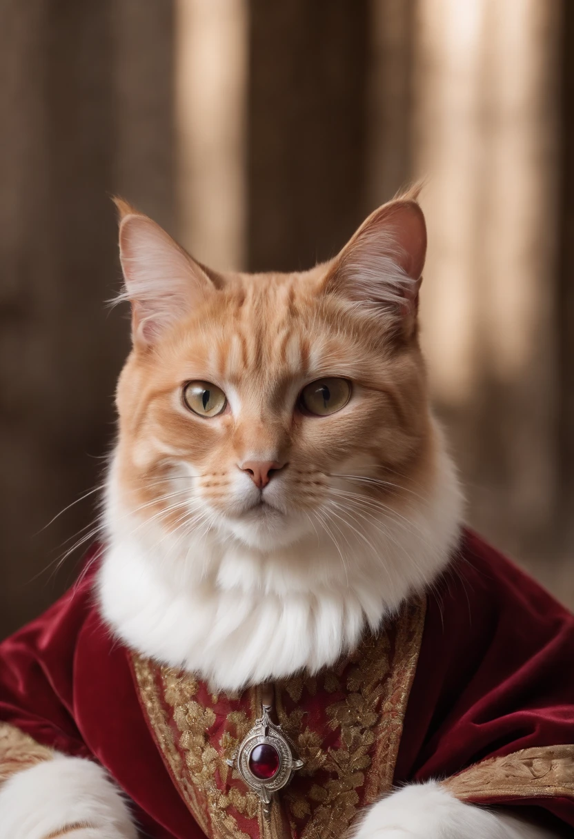 Aravi cat wearing a crown and a king's robe, Cats in noble clothes, royal portrait, portrait of an old medieval king, portrait of an old medieval king, portrait of a king, elegant cat, Old medieval king, anthropomorphic cat, anthropomorphic cat, RAW style, cinematic ligh