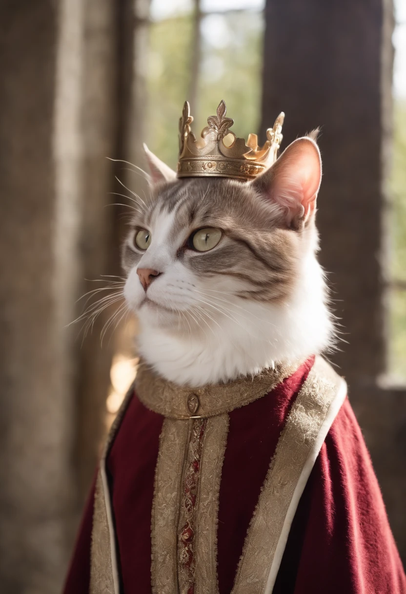 Aravi cat wearing a crown and a king's robe, Cats in noble clothes, royal portrait, portrait of an old medieval king, portrait of an old medieval king, portrait of a king, elegant cat, Old medieval king, anthropomorphic cat, anthropomorphic cat, RAW style, cinematic ligh