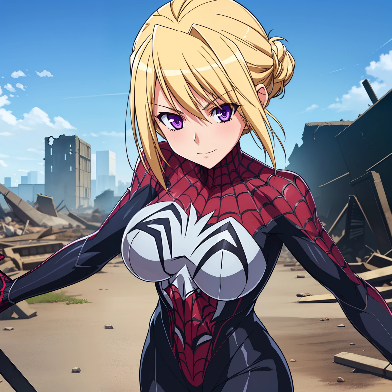 1girl,big breasts,standing in ruined city,(8k),scratches,detailed face,blond hair,purple eyes,short hair,bun,embarassed,small smile face,high_res, high_definition,the battlefield,battle pose,dark suit, (symbiote spider man Custome:1.1),