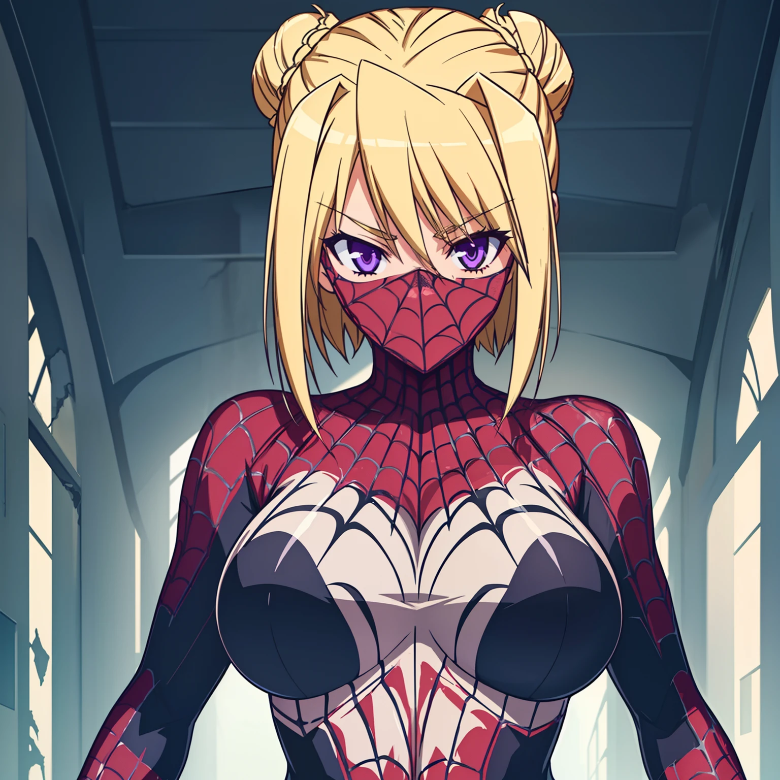 1girl,big breasts,standing in ruined city,(8k),scratches,detailed face,blond hair,purple eyes,short hair,bun,embarassed,small smile face,high_res, high_definition,the battlefield,battle pose,dark suit, (symbiote spider man Custome:1.1),