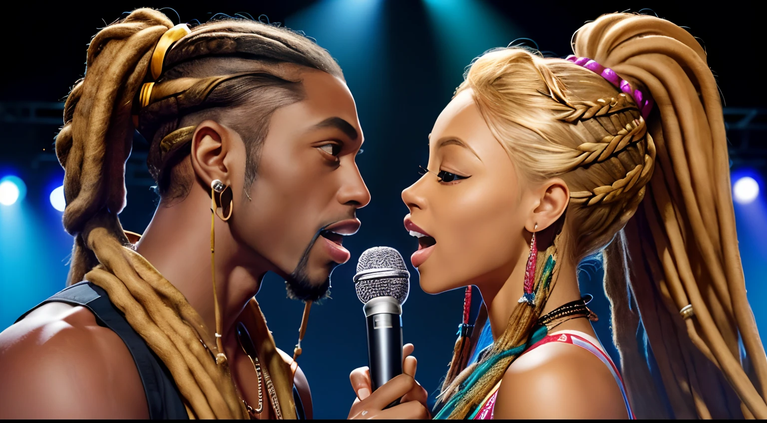 (Masterpiece:1.2), (Best Quality:1.2), perfect eyes, Woman in her 40s, perfect faces, Dark stage lighting, photo shoot, (Light blonde), (Light blonde), (Light blonde), long hair, ponytail hair, long hair, ponytail hair, long hair, ponytail hair, 1Girl dark skin, Gorgeous tribal dresses, thick eyelashes, makeups, eyeshadows, (Dreadlocks ), (Dreadlocks ), (Dreadlocks ), (microphone), (Singing on the club stage), (microphone), (Singing on the club stage), (microphone), (Singing on the club stage), (Hip Hop), (Hip Hop), (Hip Hop), (Two men and a woman holding microphones look at each other and sing), (Two men and a woman holding microphones look at each other and sing), (Two men and a woman holding microphones look at each other and sing), (Two men and a woman holding microphones look at each other and sing), (Two men and a woman holding microphones look at each other and sing), (Two men and a woman holding microphones look at each other and sing)