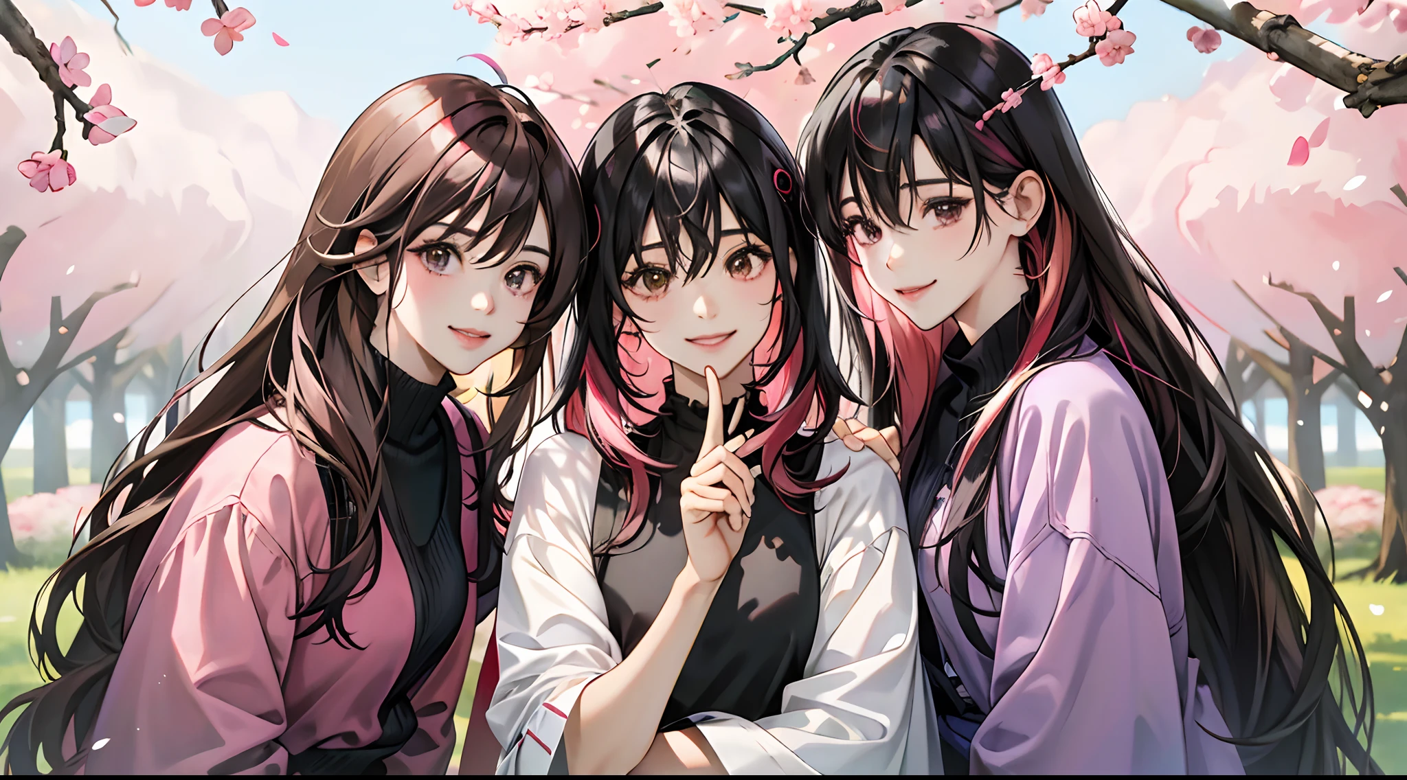realisticlying、 Three Women、selfee、Face Extra Large Zoom、cherry trees、Face enhancement、Smile、Looking Up、View here、blurry backround（Woman in the middle、long straight with black hair and red highlights、（Lady on the far right、Long twin-tailed hair with pink highlights on brown hair、（Woman on the far left、Boyish short disheveled short hair with black hair and purple highlights