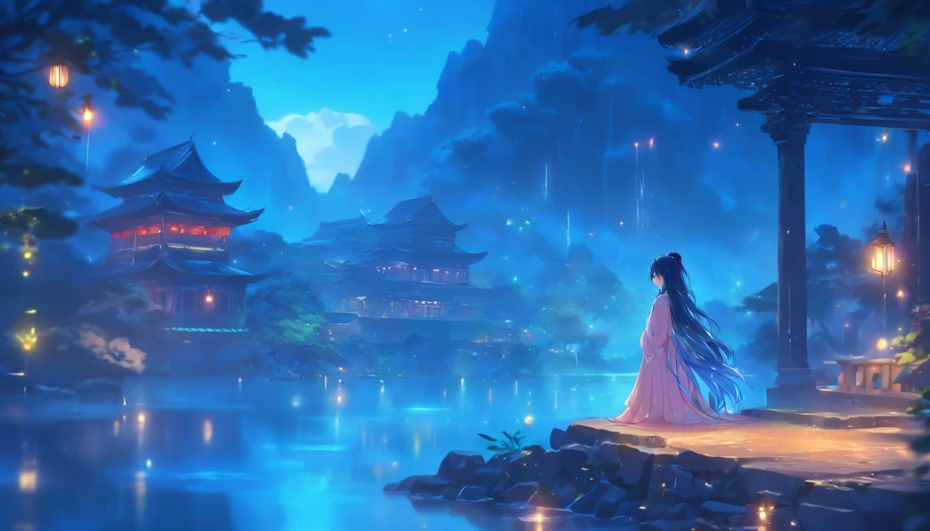 (Masterpiece, Best quality), 1girll(atenea_Asamiya Palace), Cute dress, Long black hair, Sitting, Beautiful outdoor background, Night, forest,highly detailed surreal vfx,China ink painting,water ink,ink,Smudge,downpours,Get wet,China-style,中景 the scene is,super-fine,ultra - detailed,high qulity,8K ,Sharply focus the eyes,中景 the scene is,Full body like,oc rendered