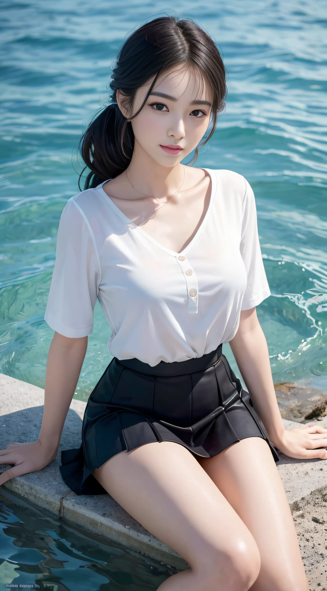 (16k, Top quality, Masterpiece, Fidelity :1.2), 1 Stunning mature beauty, （（（The face is delicate and cute，The facial features are delicate and well-proportioned））） , Delicate makeup，putting makeup on，Gentle face，（Lovely and beautiful），adolable，（Cute expressions），（美丽细致的眼睛,, The eyes are big and round）， (Perfect finger proportions，Extremely detailed, Ultra HD realistic fingers), (Perfect body: 1.1),Bigchest，[[[[[[[[[[[Deep cleavage]]]]]]]]]]], The leg proportions are perfect,Very slender legs， Beautiful,  Sexy little lips，Close your lips，Beautiful and delicate lips tightly closed，Smile faintly，（Keep one's mouth shut，Keep your mouth shut，"Keep quiet"：1.3），Casual hairstyle, Smooth skin, A full-body photo, (Ultra photo realsisim，On one side is the endless sea，Soak half of your body in water: 1.2), Sailor shirt, short  skirt，The color is arbitrary,He looked straight at me, Ultra HD, High quality, Best quality, A high resolution, 16k