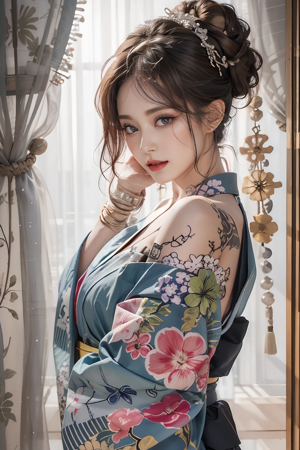 Photorealistic, High resolution, 1womanl, Solo, hips up high, look at viewr, (Detailed face), Kimono, The tattoo, Jewelry