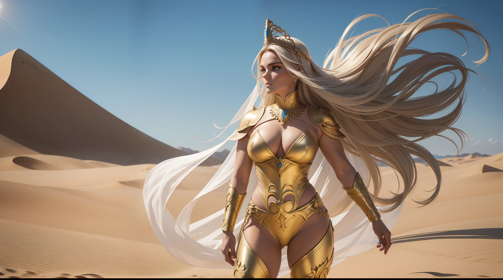 Later view of Lindsey Vonn as an angelic warrior in shining gold armor, longos braceletes dourados, tiara dourada com desenho de asas na testa, roupa toda em ouro, coxas expostas, athletic curvy body, coxas grossas e torneadas, Arms with defined musculature, ombros largos, cintura equilibrada, cabelos longos ao vento, strong facial expression, olhos claros, sobrancelhas loiras, cabelos loiros, olhos claros, look-at-camera, Musculatura suavemente definida, perspectiva de corpo inteiro, dunas do deserto, Dunas do Deserto, sky clouds, sol brilhante, Realismo 32K