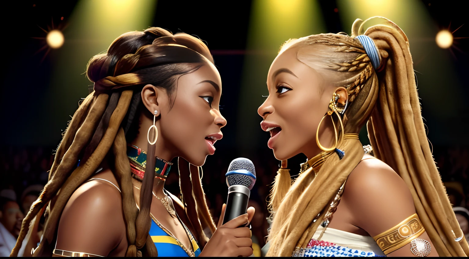 (Masterpiece:1.2), (Best Quality:1.2), perfect eyes, Woman in her 40s, perfect faces, Dark stage lighting, photo shoot, (Light blonde), (Light blonde), (Light blonde), long hair, ponytail hair, long hair, ponytail hair, long hair, ponytail hair, 1Girl dark skin, Gorgeous tribal dresses, thick eyelashes, makeups, eyeshadows, (Dreadlocks ), (Dreadlocks ), (Dreadlocks ), (microphone), (Singing on the club stage), (microphone), (Singing on the club stage), (microphone), (Singing on the club stage), (Hip Hop), (Hip Hop), (Hip Hop), (Two women holding microphones look at each other and sing), (Two women holding microphones look at each other and sing), (Two women holding microphones look at each other and sing), (Two women holding microphones look at each other and sing), (Two women holding microphones look at each other and sing), (Two women holding microphones look at each other and sing)